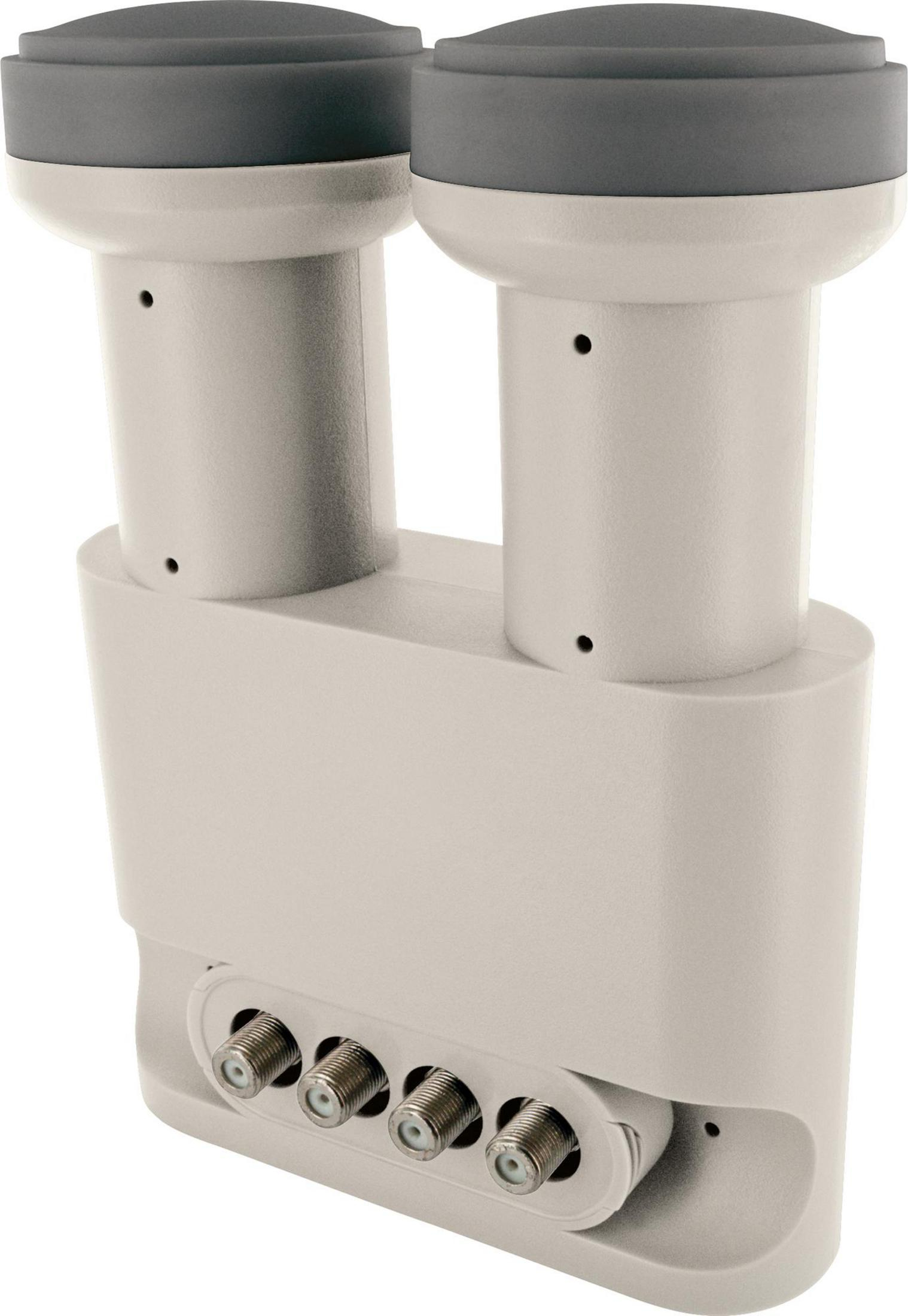 Ein weißes und graues Satelliten-LNB mit vier Ausgangsanschlüssen.