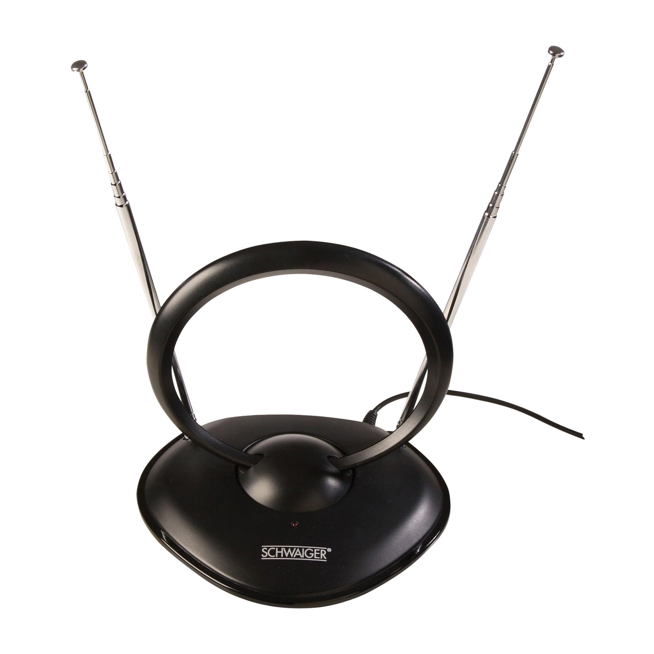 Czarna antena telewizyjna z dwiema srebrnymi antenami i zaokrągloną podstawą na białym tle.