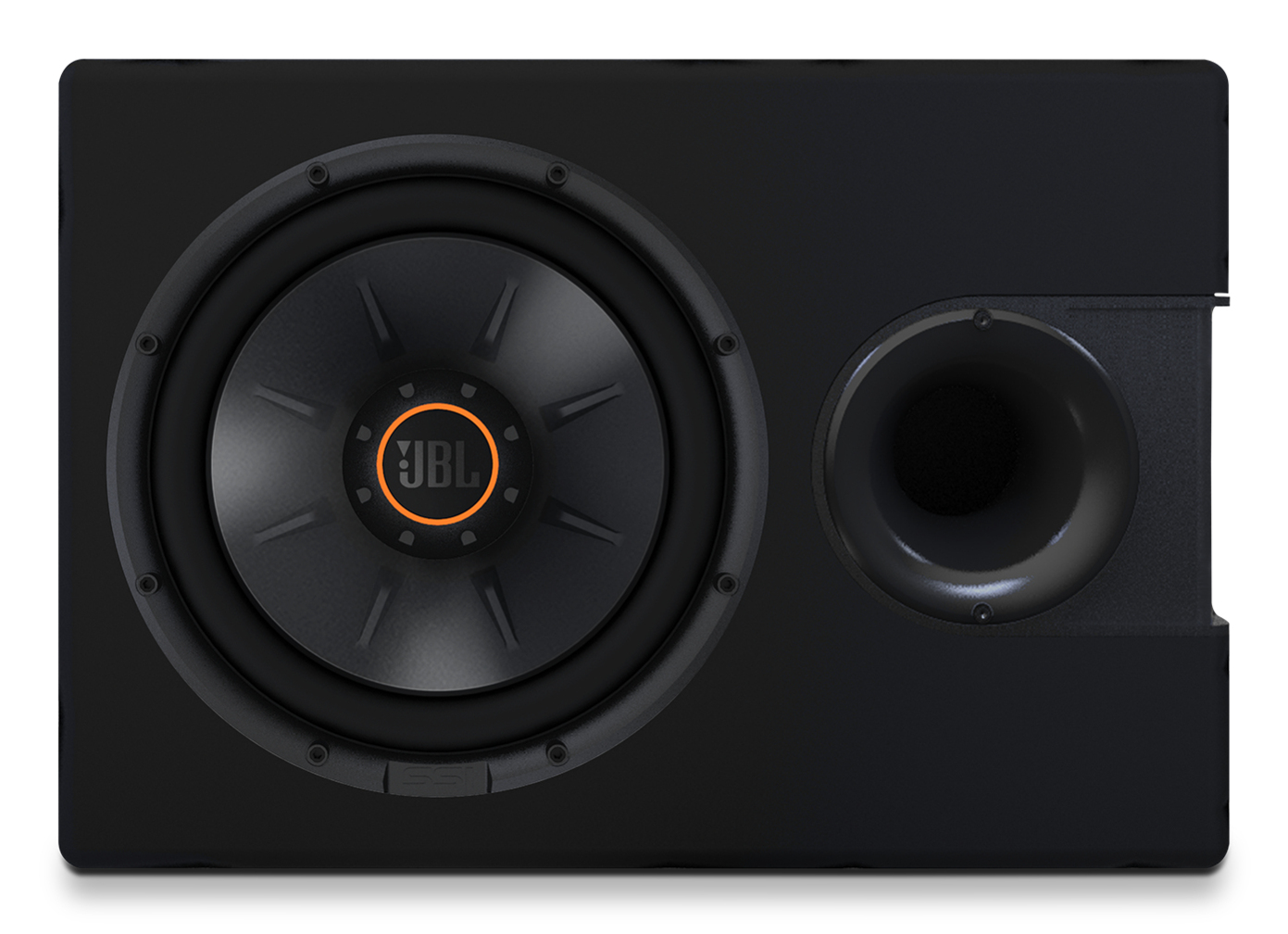 Schwarzer JBL-Subwoofer mit großem Lautsprecher und kleinem Anschluss. Schwarzer Hintergrund.