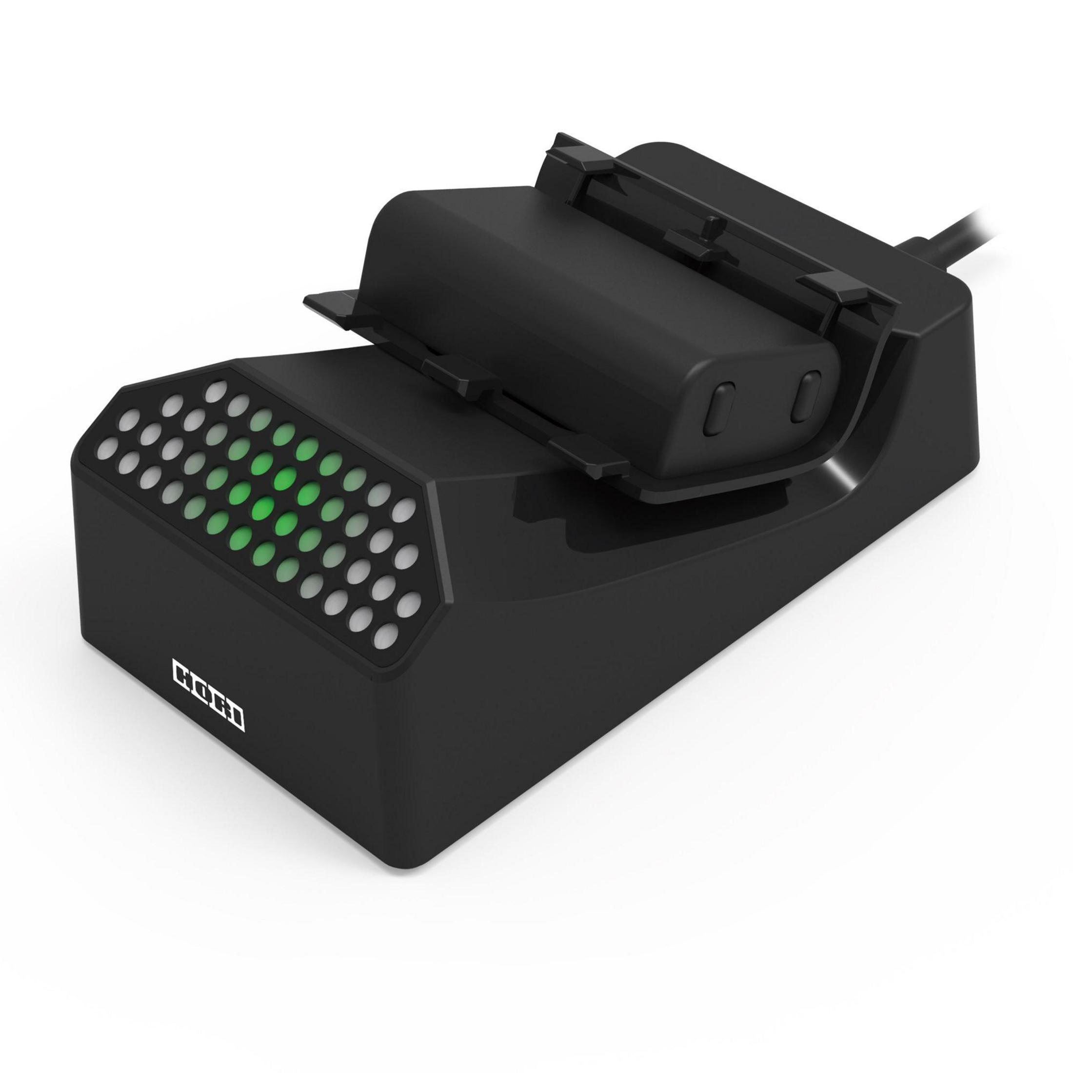 Schwarze Ladestation mit Kontrollleuchten und einem schwarzen Akku für Gaming-Controller.