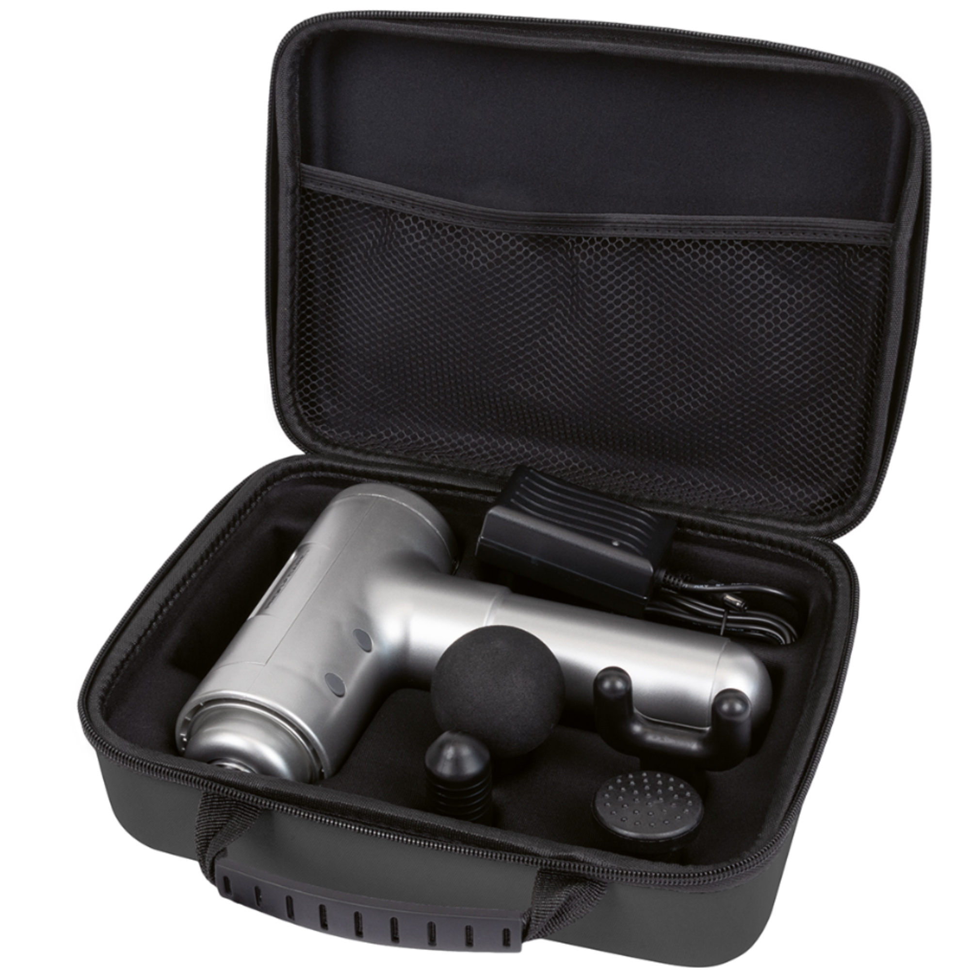 Pistolet do masażu i akcesoria znajdują się w czarnej walizce.