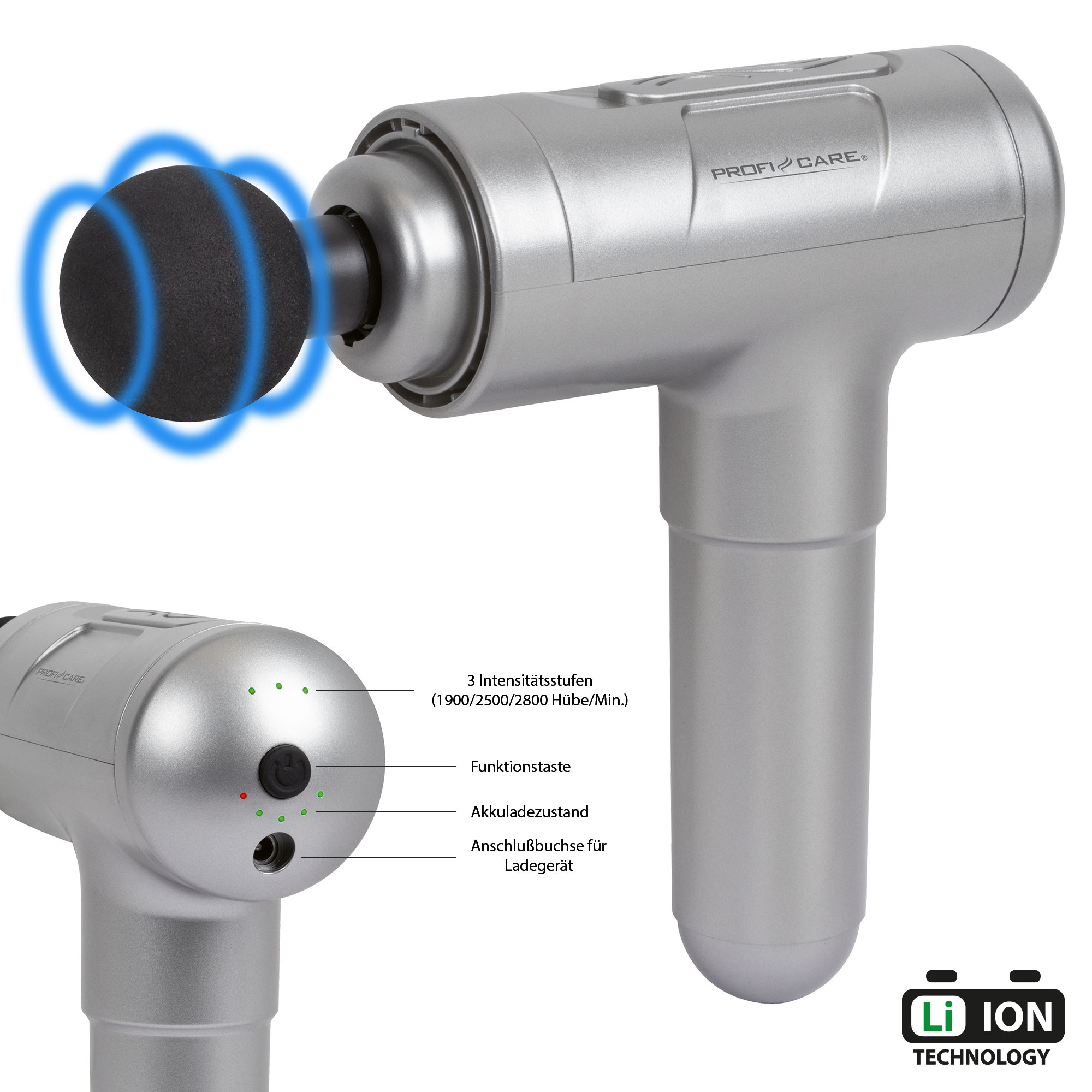 Srebrny pistolet do masażu z czarnym mocowaniem kulkowym i dodatkowym widokiem podstawy.