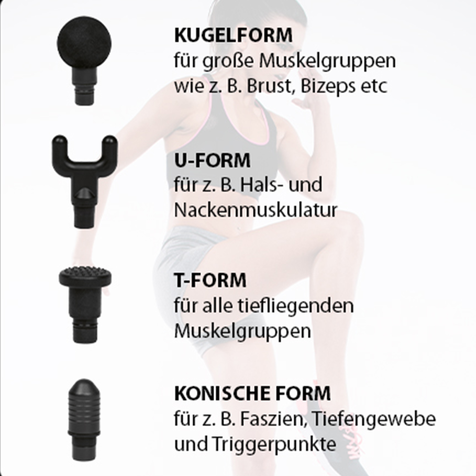 Pistolet do masażu z różnymi końcówkami, z tekstem wyjaśniającym ich użycie.