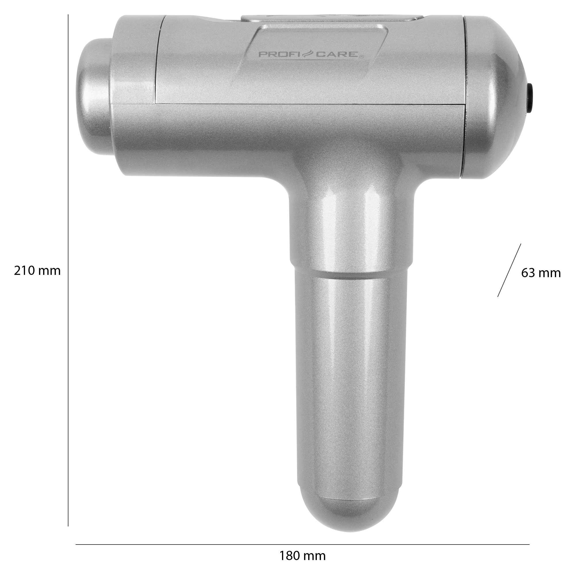 Srebrny pistolet do masażu. Wymiary: 210mm x 180mm x 63mm. Białe tło.