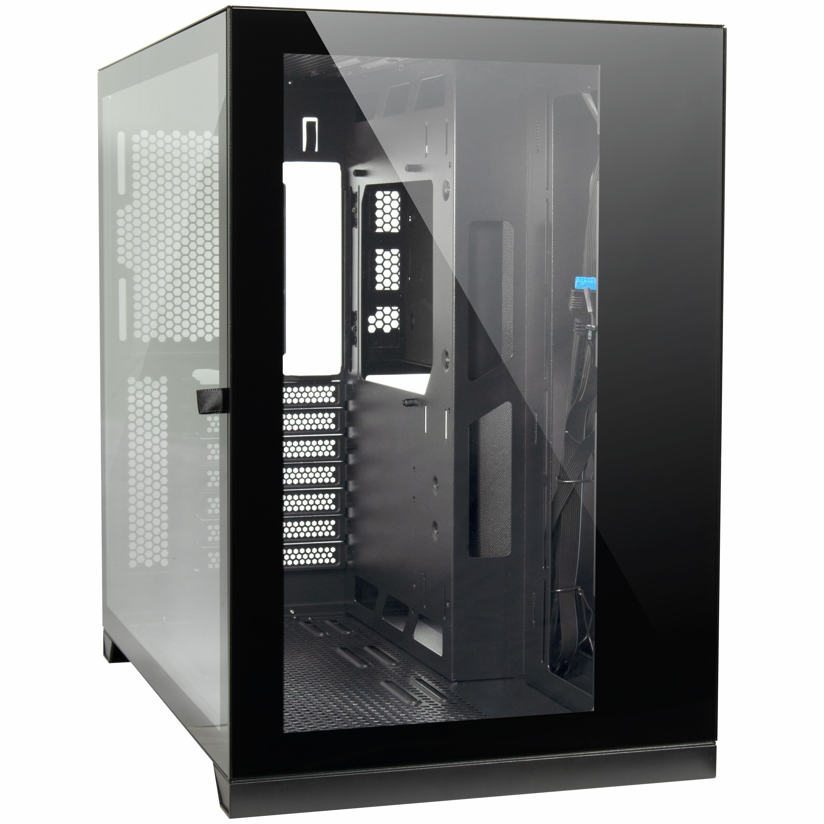 Case per computer nero con pannello laterale in vetro. Componenti interni visibili. Sfondo nero.