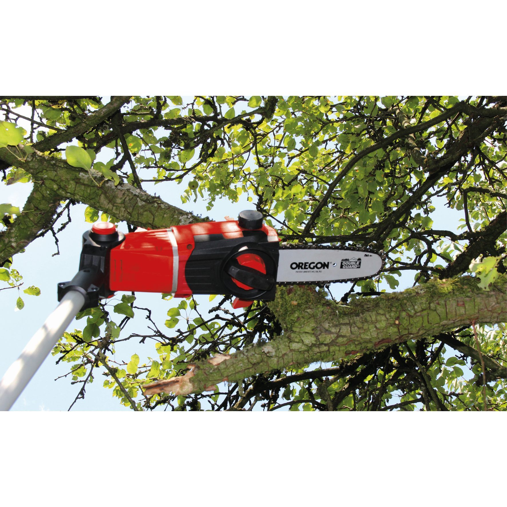 Rote und schwarze Kettensäge auf einem Ast, inmitten von Blättern, beim Schneiden des Baumes.