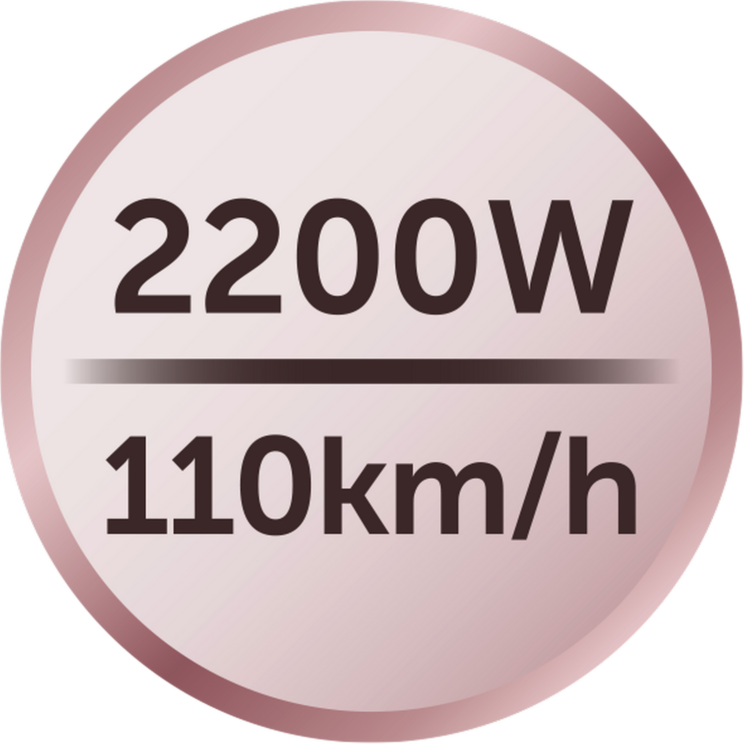 Een cirkelvormige afbeelding met tekst: 2200W/110km/h, in een roze en wit kleurenschema.
