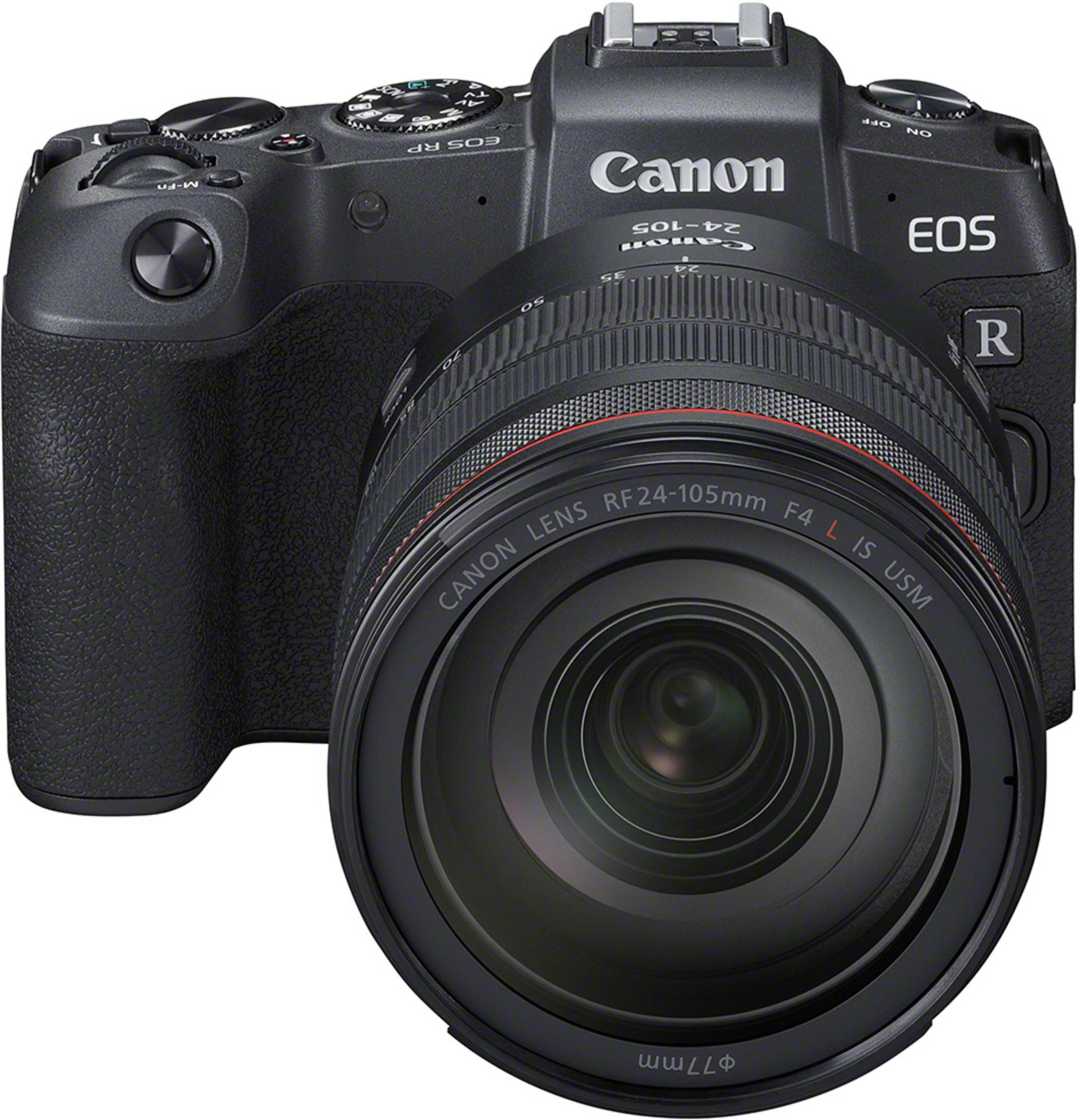 Schwarze Canon-Kamera mit Objektiv. Canon-Logo oben. Fokusring vorne.