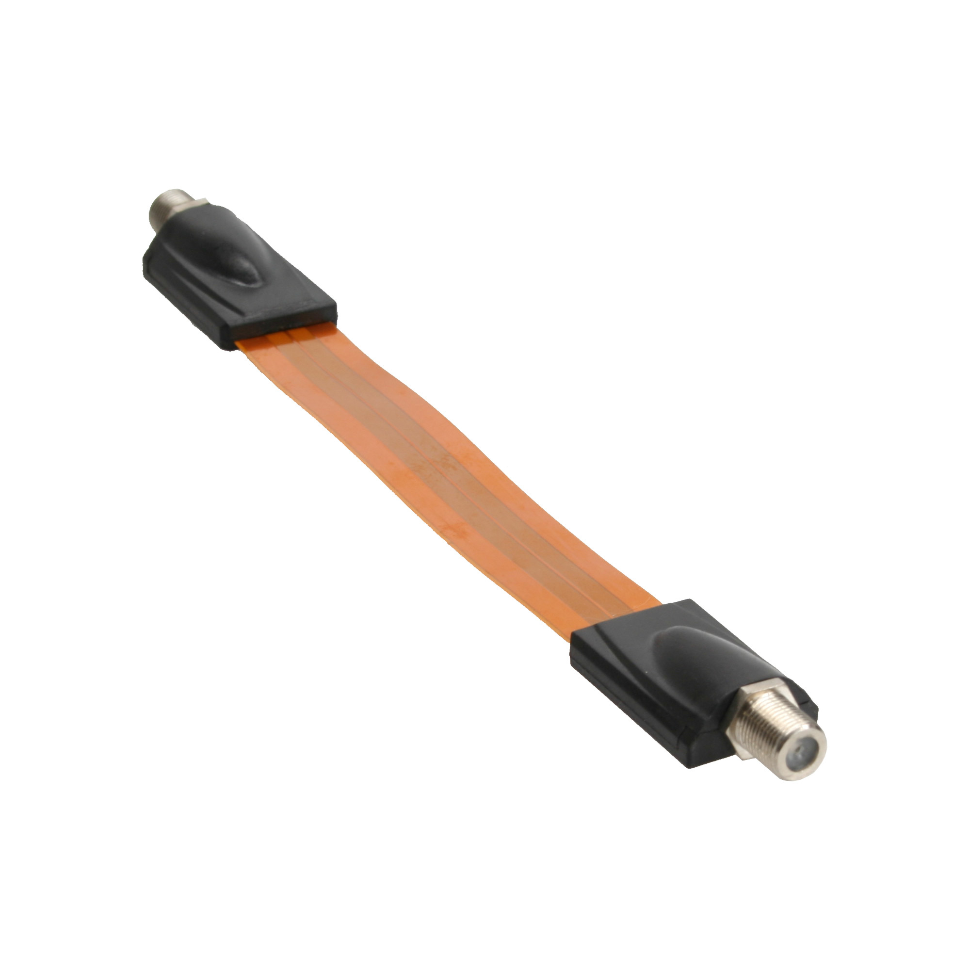 Ein flaches orangefarbenes Kabel mit schwarzen Steckern. Es ist ein Adapterkabel.
