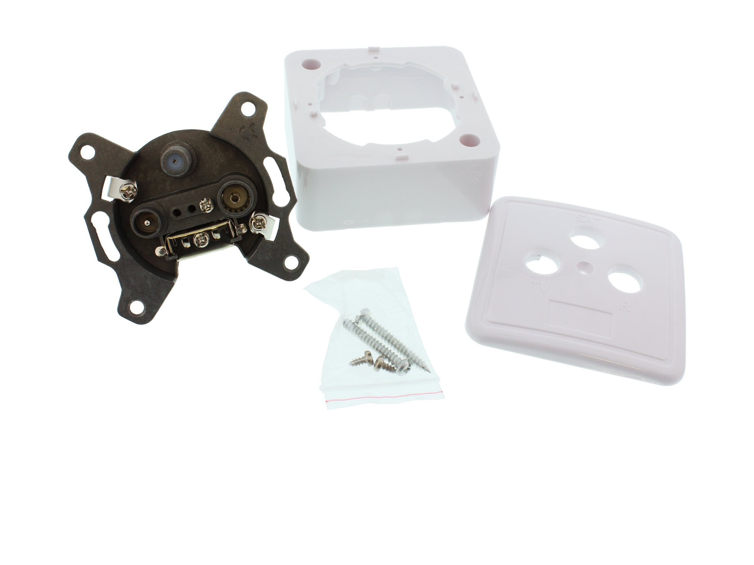 Weiße elektrische Kunststoffkomponenten. Enthält eine Box, eine Frontplatte und einen Stecker mit Schrauben.