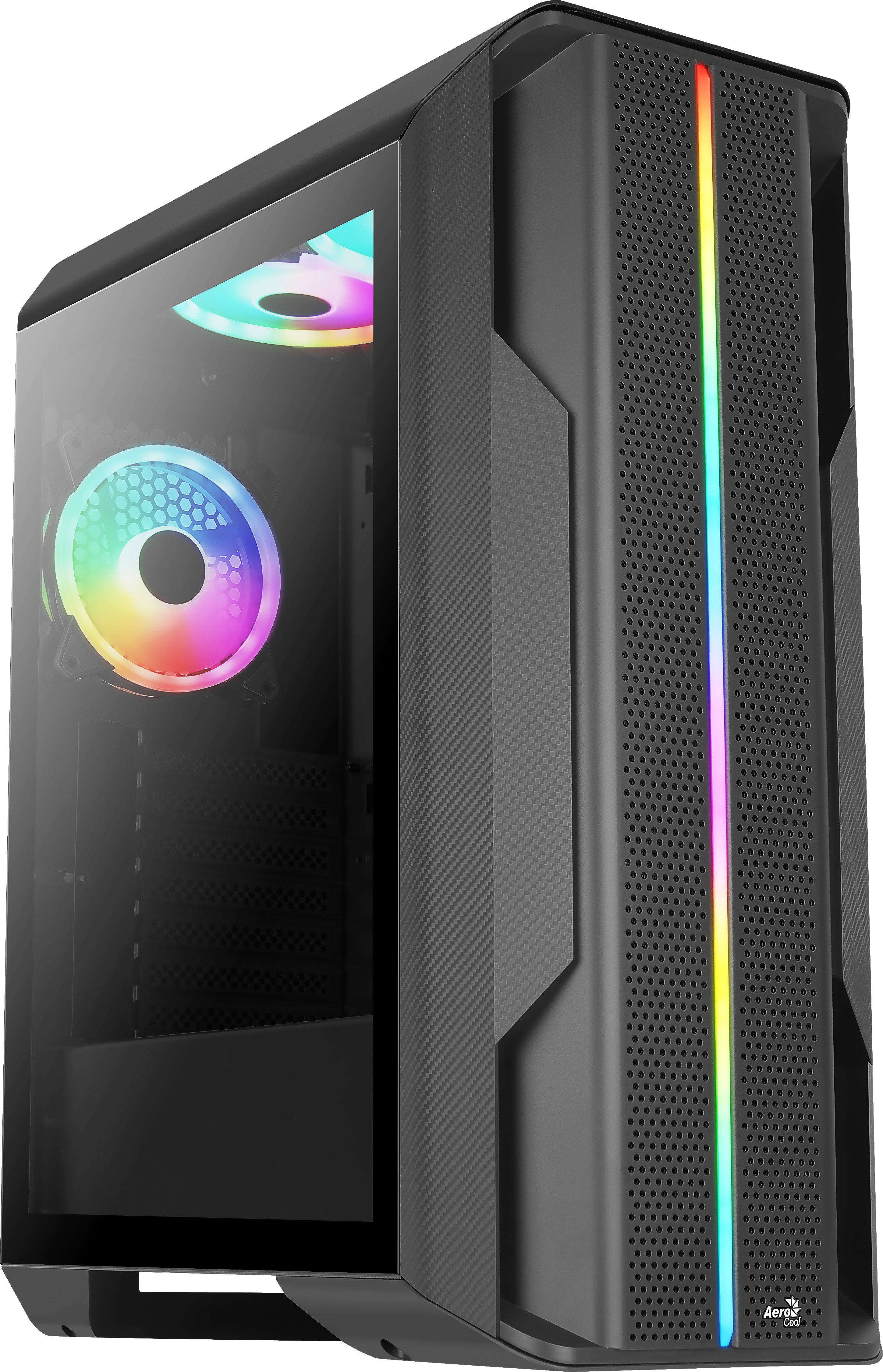 Case per computer nero con luci RGB, lato trasparente e pannello perforato.