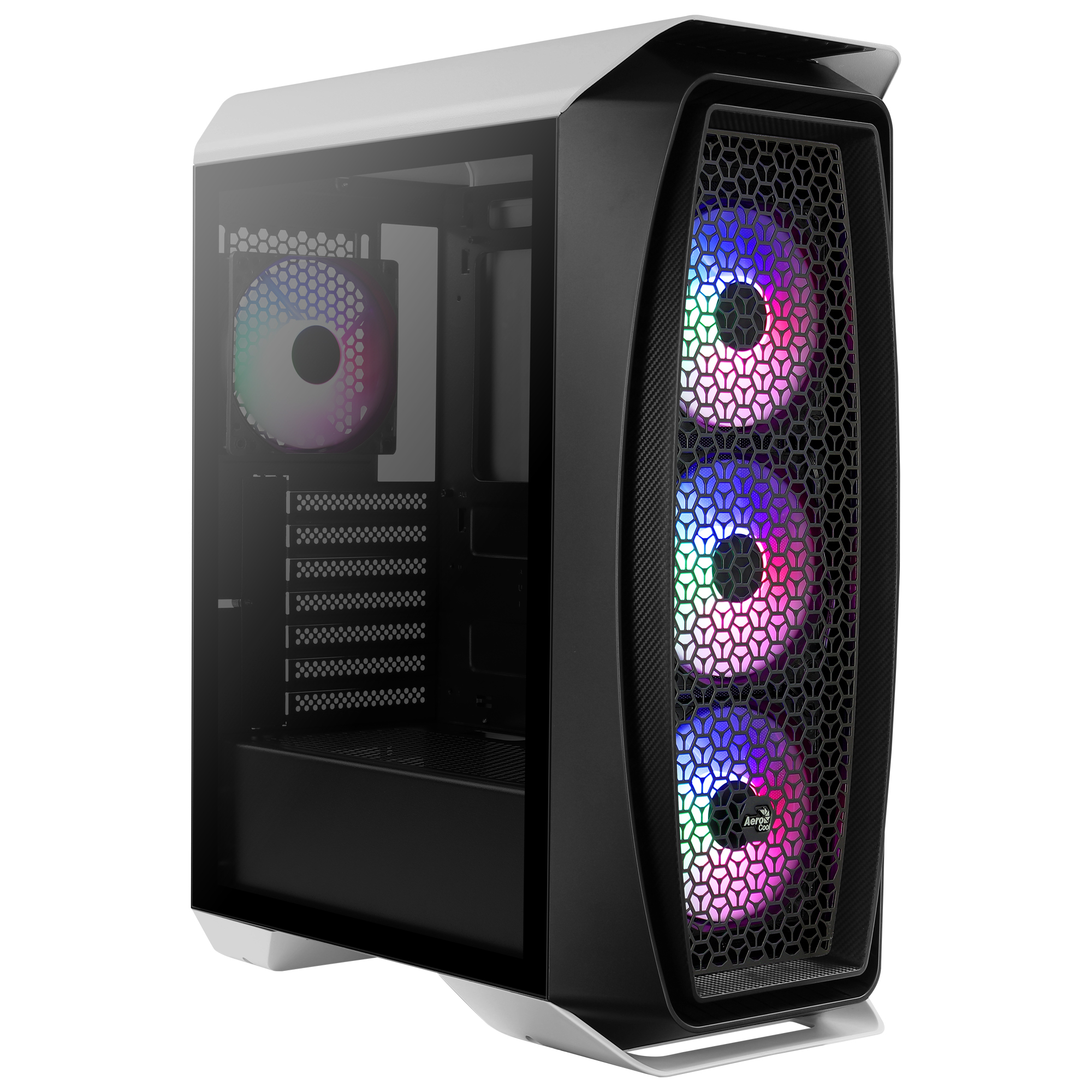 Un case per computer bianco e nero con lato in vetro e luci interne colorate.