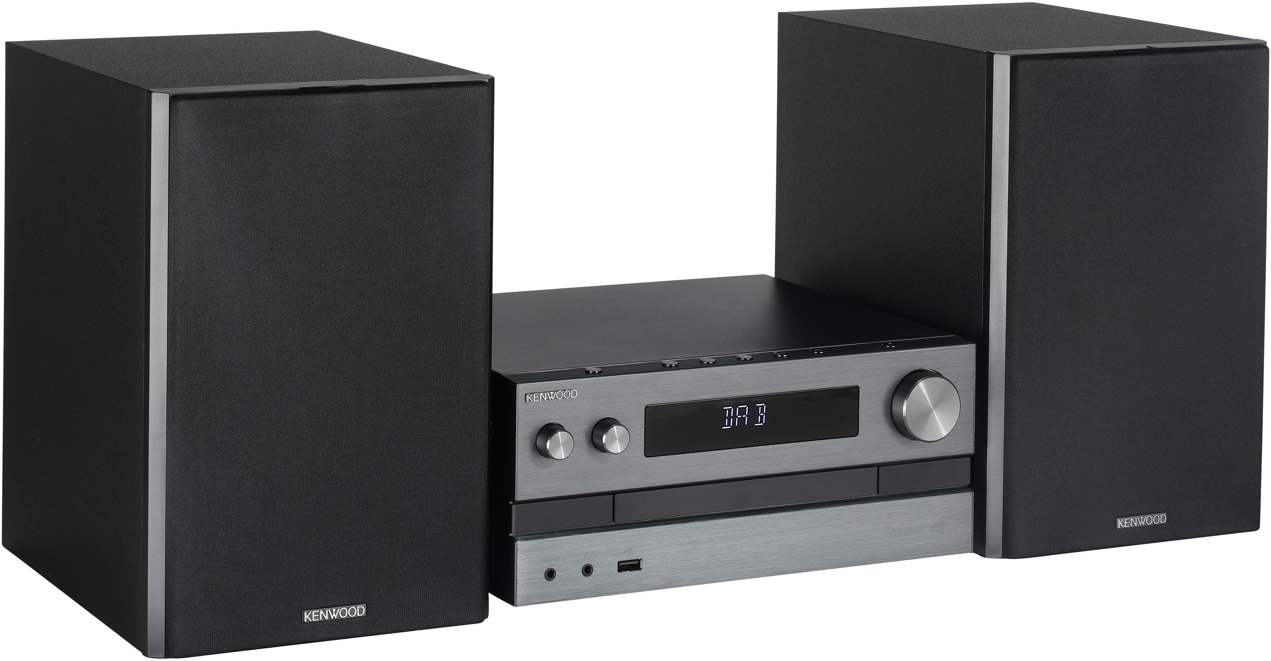 Un sistema stereo Kenwood con due altoparlanti e un'unità centrale. Schema di colori nero.
