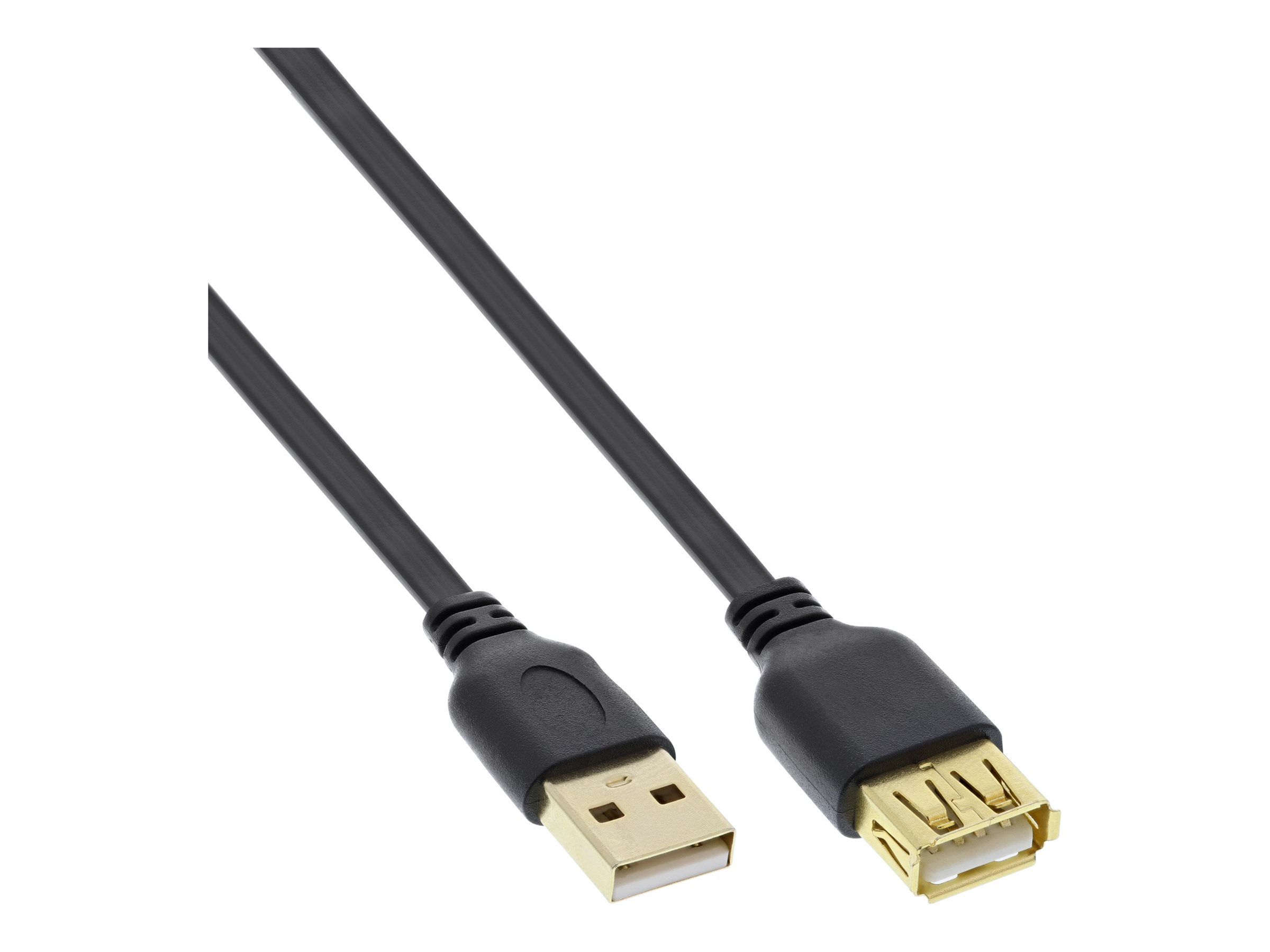 Schwarzes USB-Kabel mit goldenen Anschlüssen. Das Kabel ist diagonal vor weißem Hintergrund positioniert.