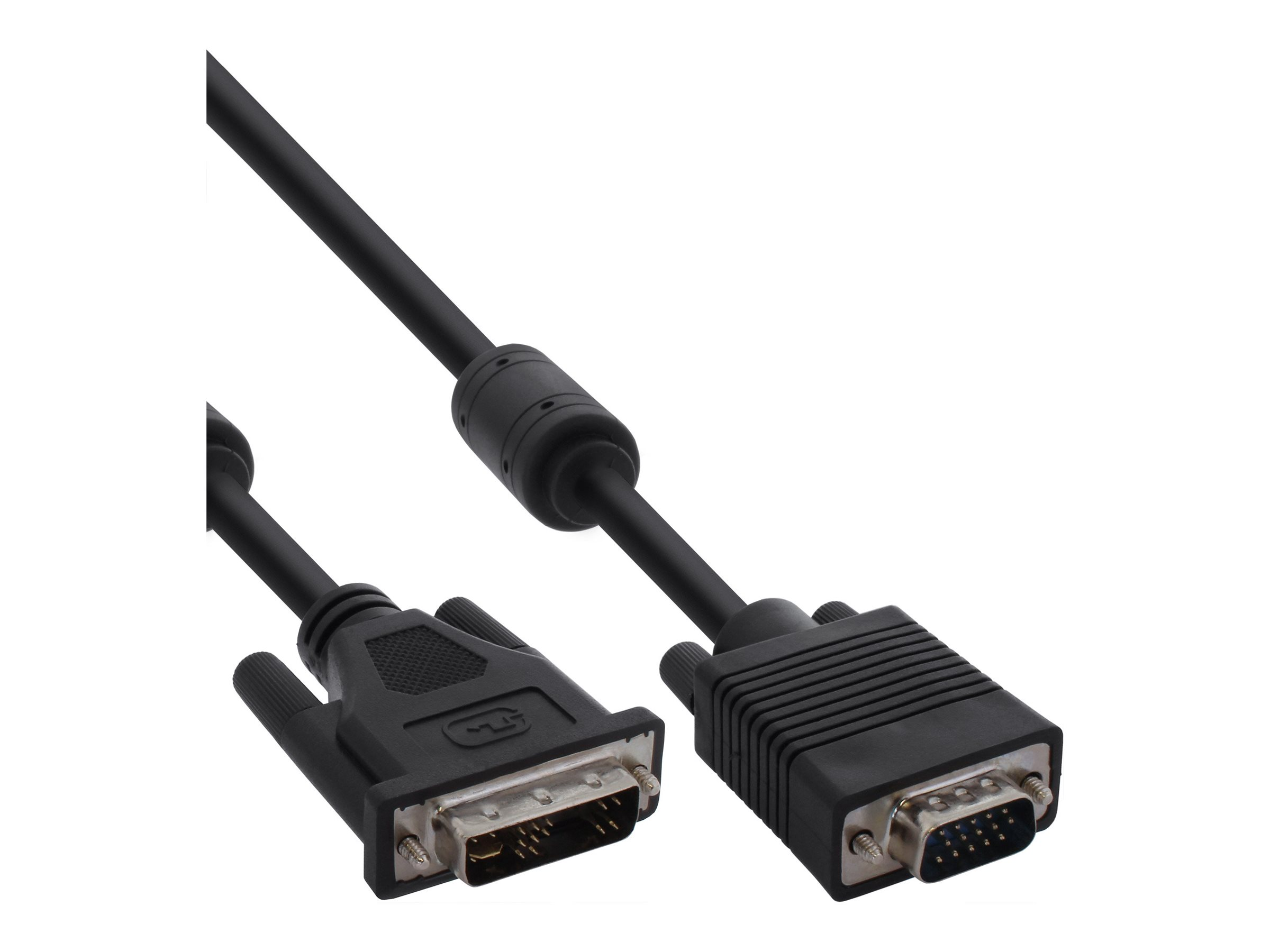 Schwarze DVI- und VGA-Kabel mit Anschlüssen auf weißem Hintergrund.
