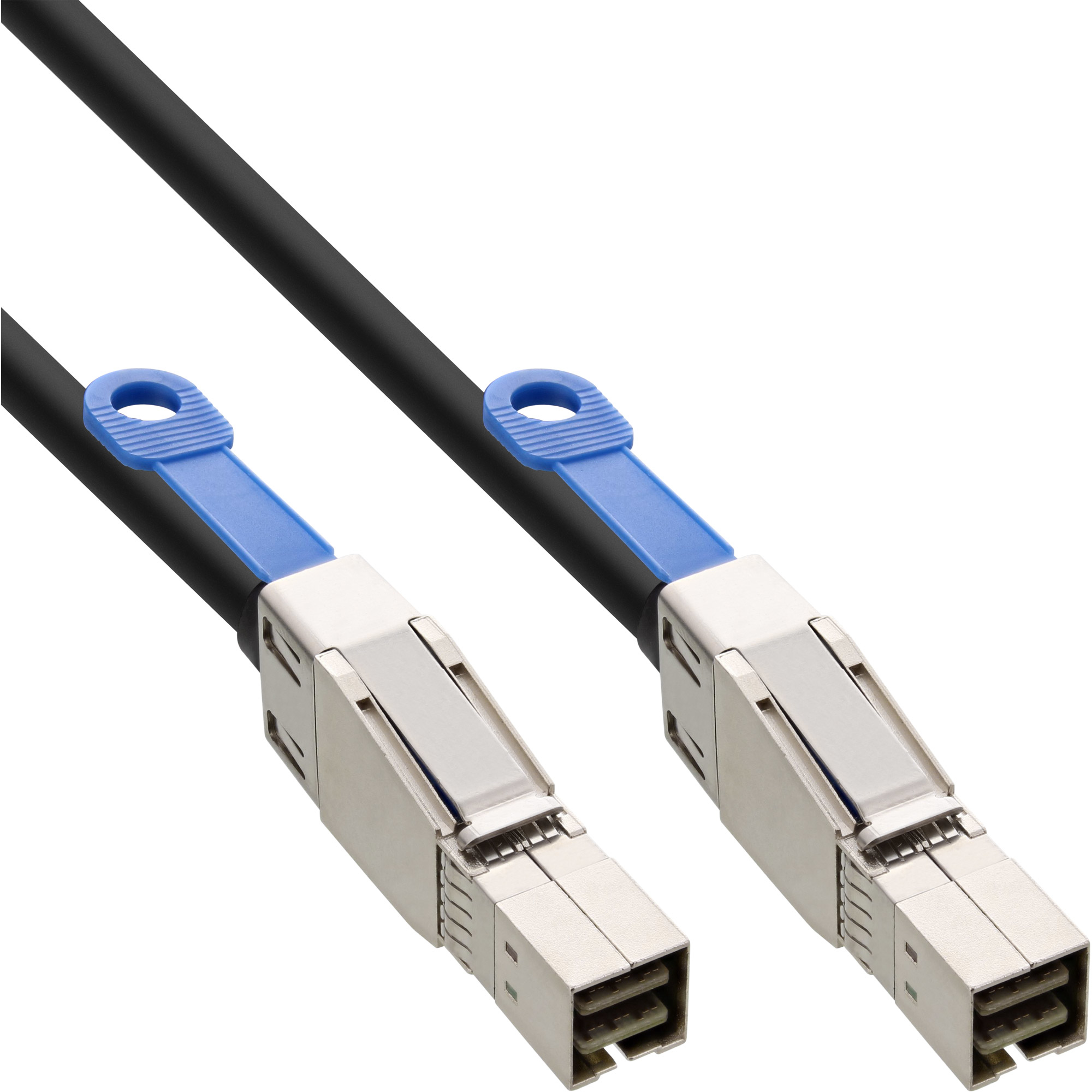 Zwei schwarze Kabel mit silbernen Steckern und blauen Griffen auf weiß.