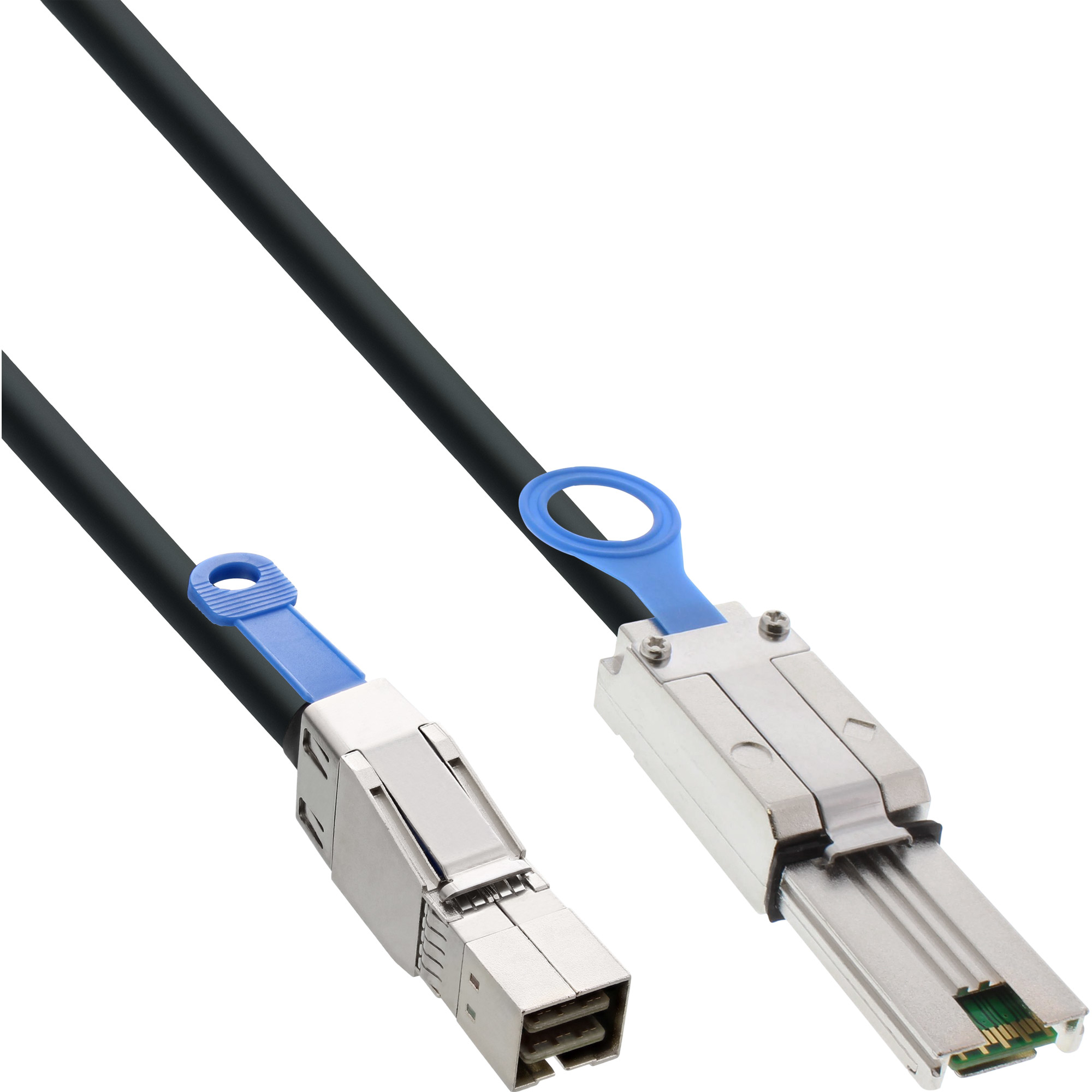 Schwarzes Kabel mit blauen Steckern. Ein Ende hat eine Schlaufe, das andere ein quadratisches Ende.