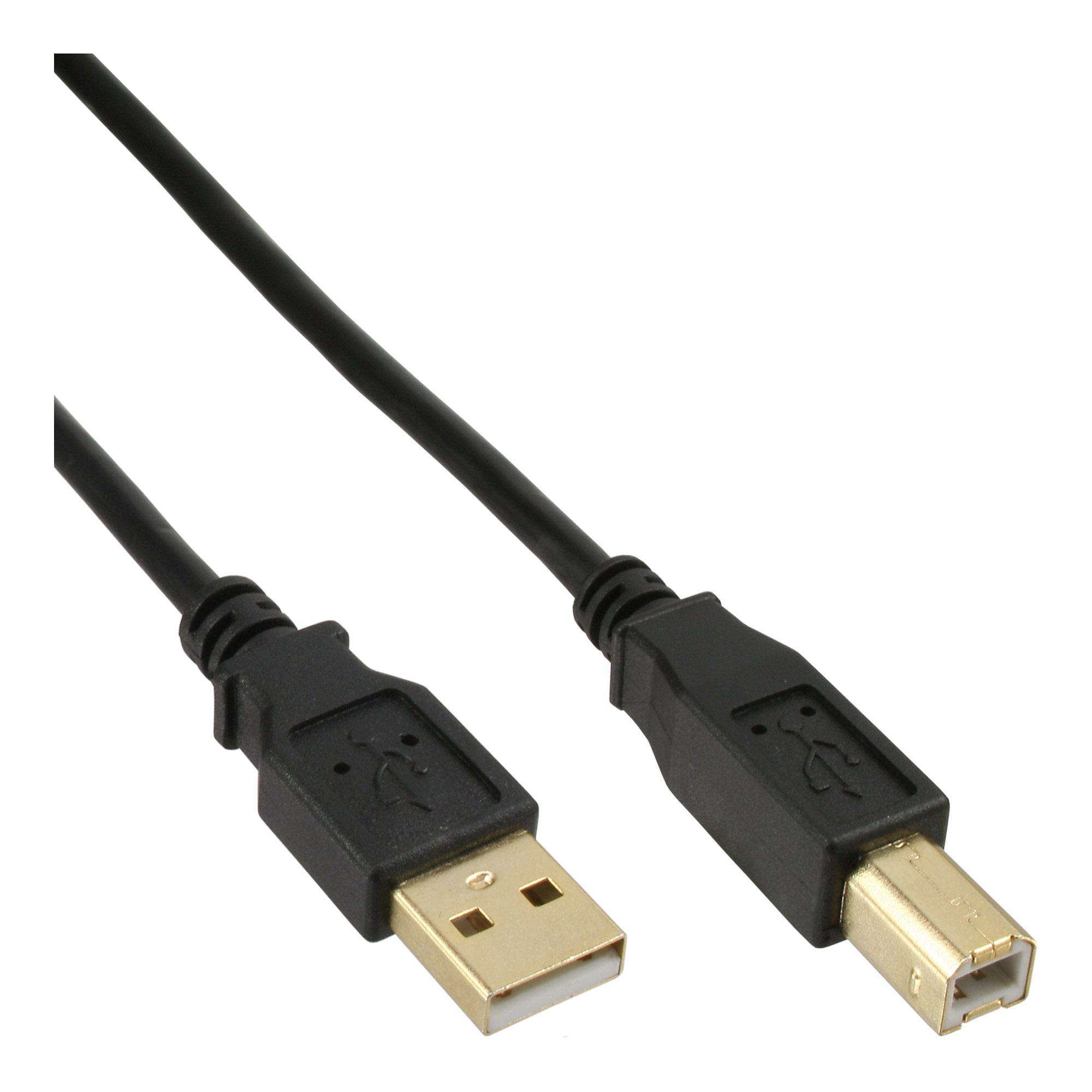 Czarny kabel USB ze złotymi złączami na białym tle.