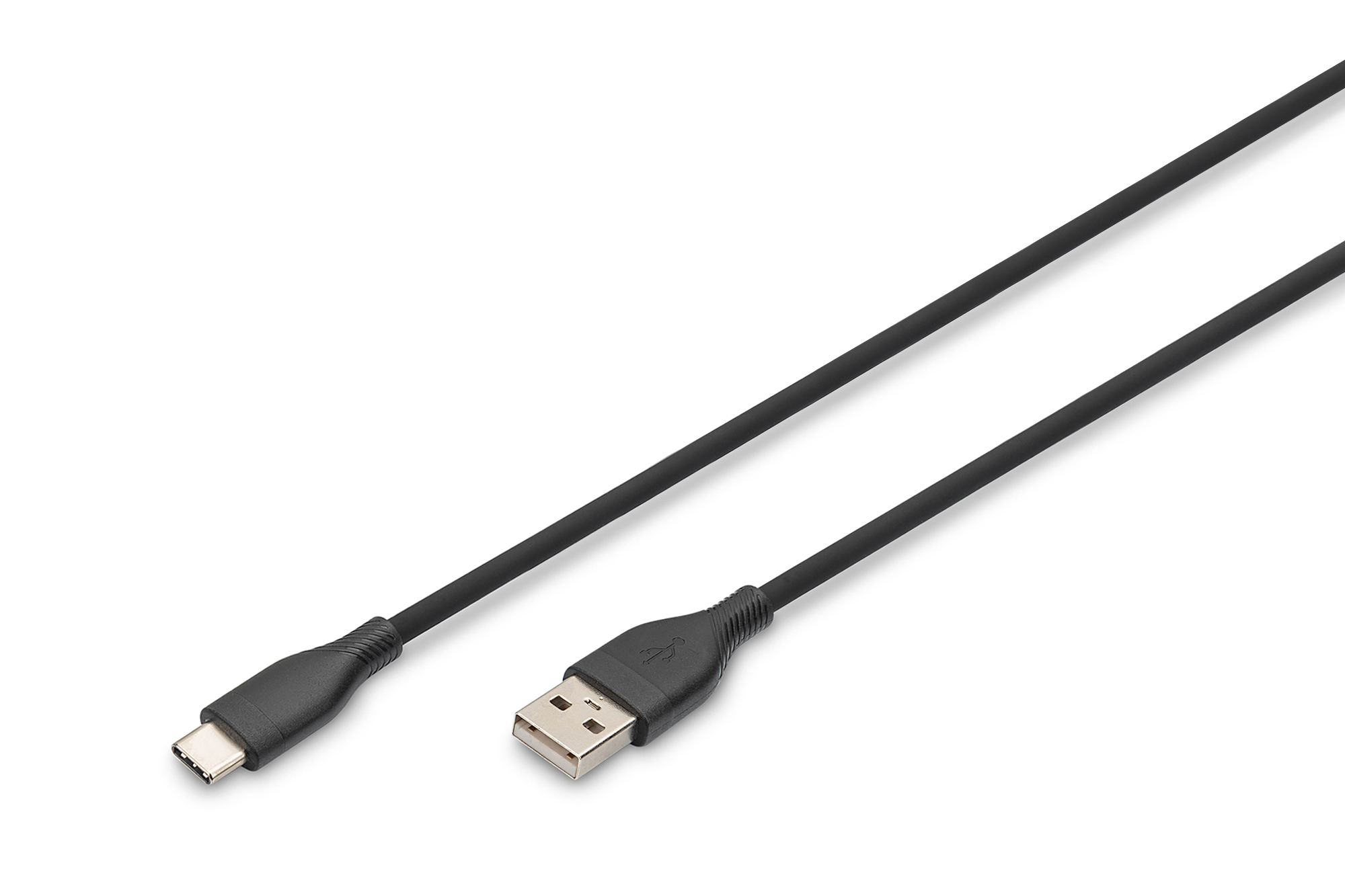 Czarny kabel USB-C do USB. Końcówka USB-C po lewej, USB-A po prawej, oba czarne.