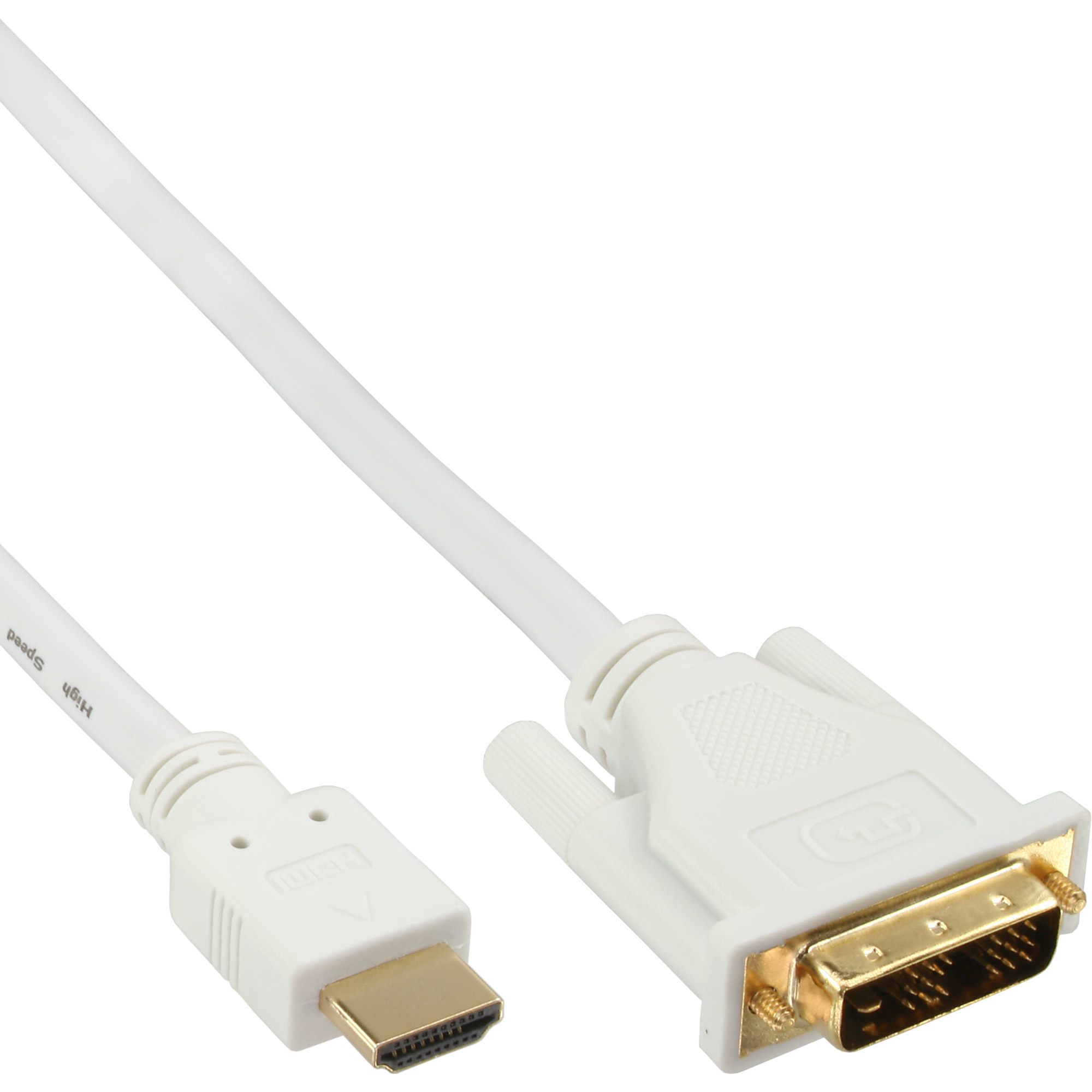 Weißes HDMI-zu-DVI-Kabel mit Goldsteckern, weißer Hintergrund.