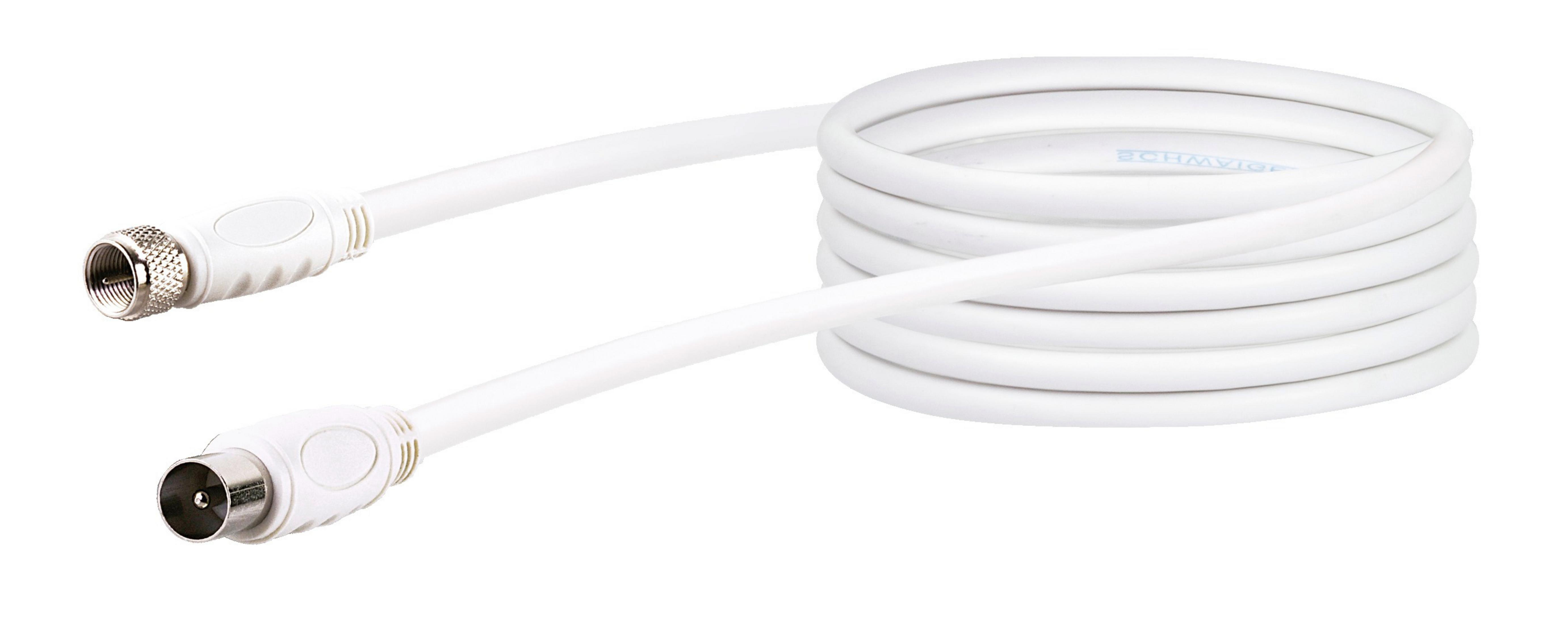 Weißes Koaxialkabel mit Steckern an beiden Enden. Das Kabel ist aufgerollt.
