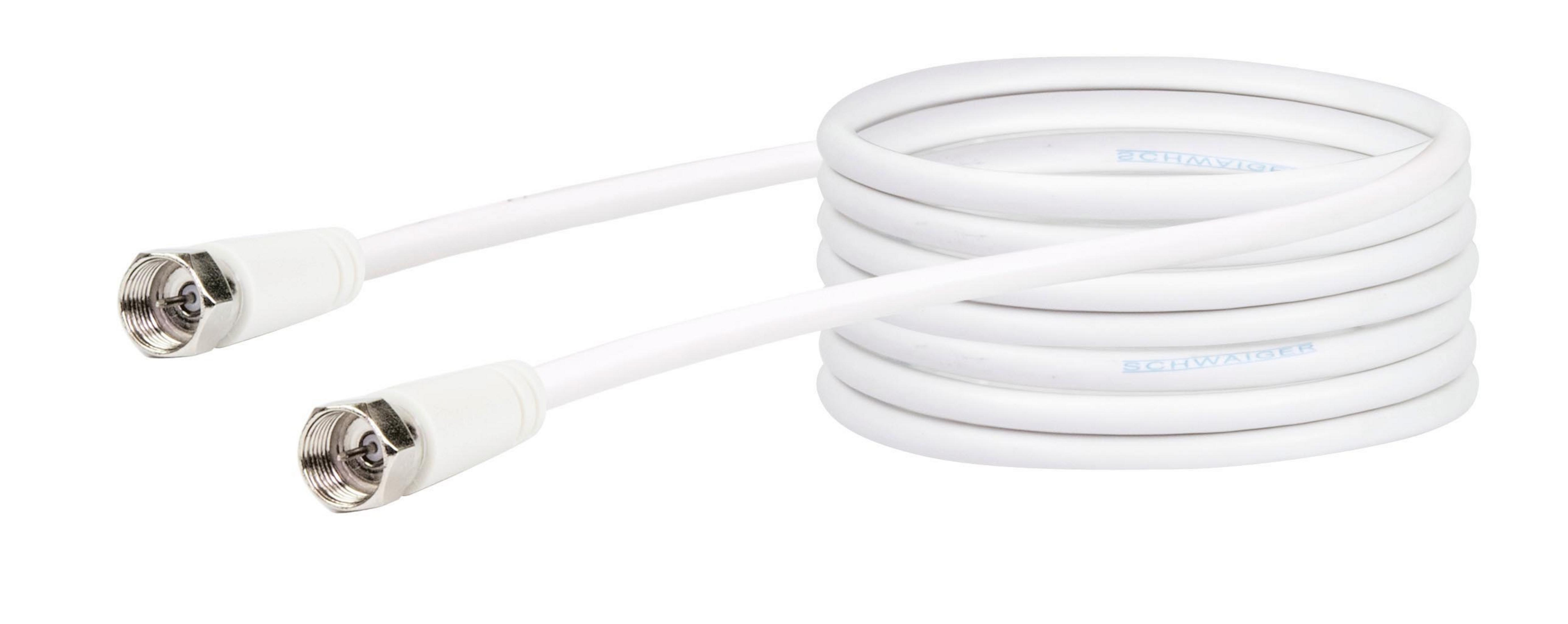 Ein aufgerolltes weißes Koaxialkabel mit Anschlüssen an beiden Enden. Das Kabel liegt auf weißem Hintergrund. Die Anschlüsse sind silberfarben.