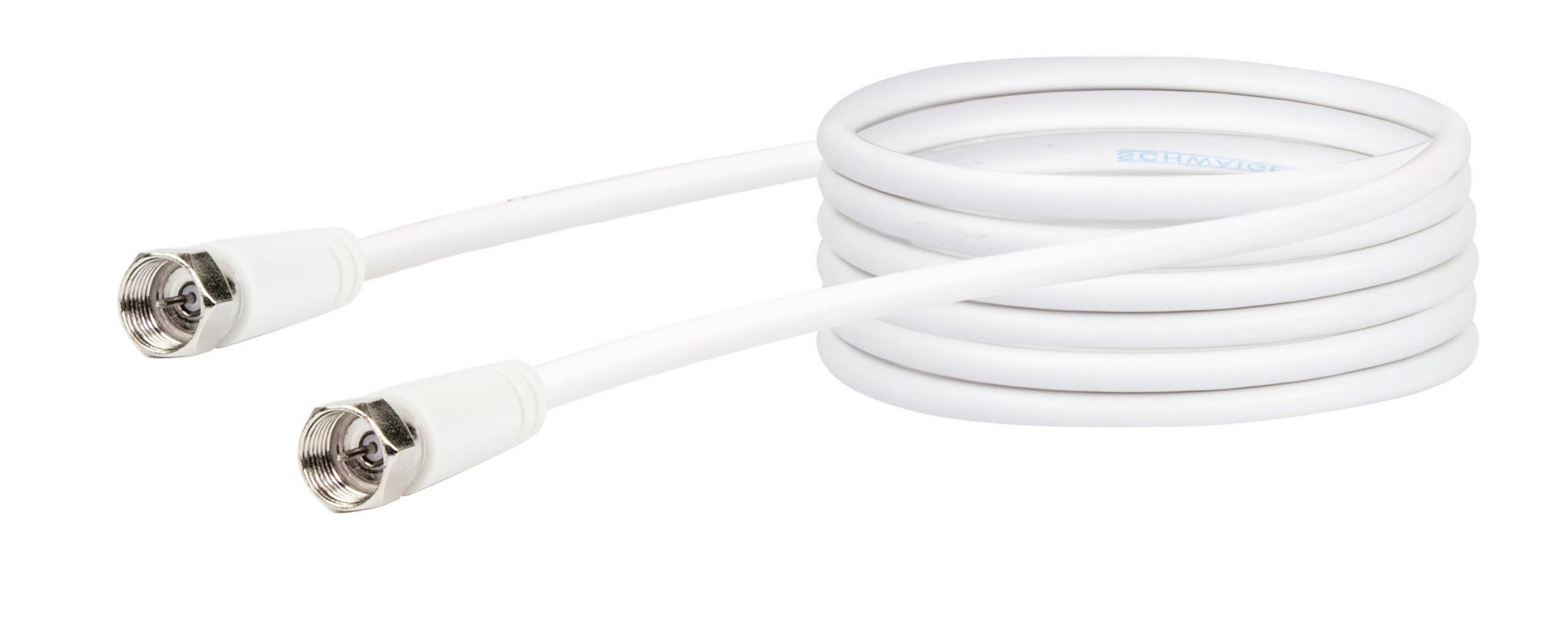 Weißes Koaxialkabel mit zwei silbernen Steckern. Das Kabel ist aufgerollt.