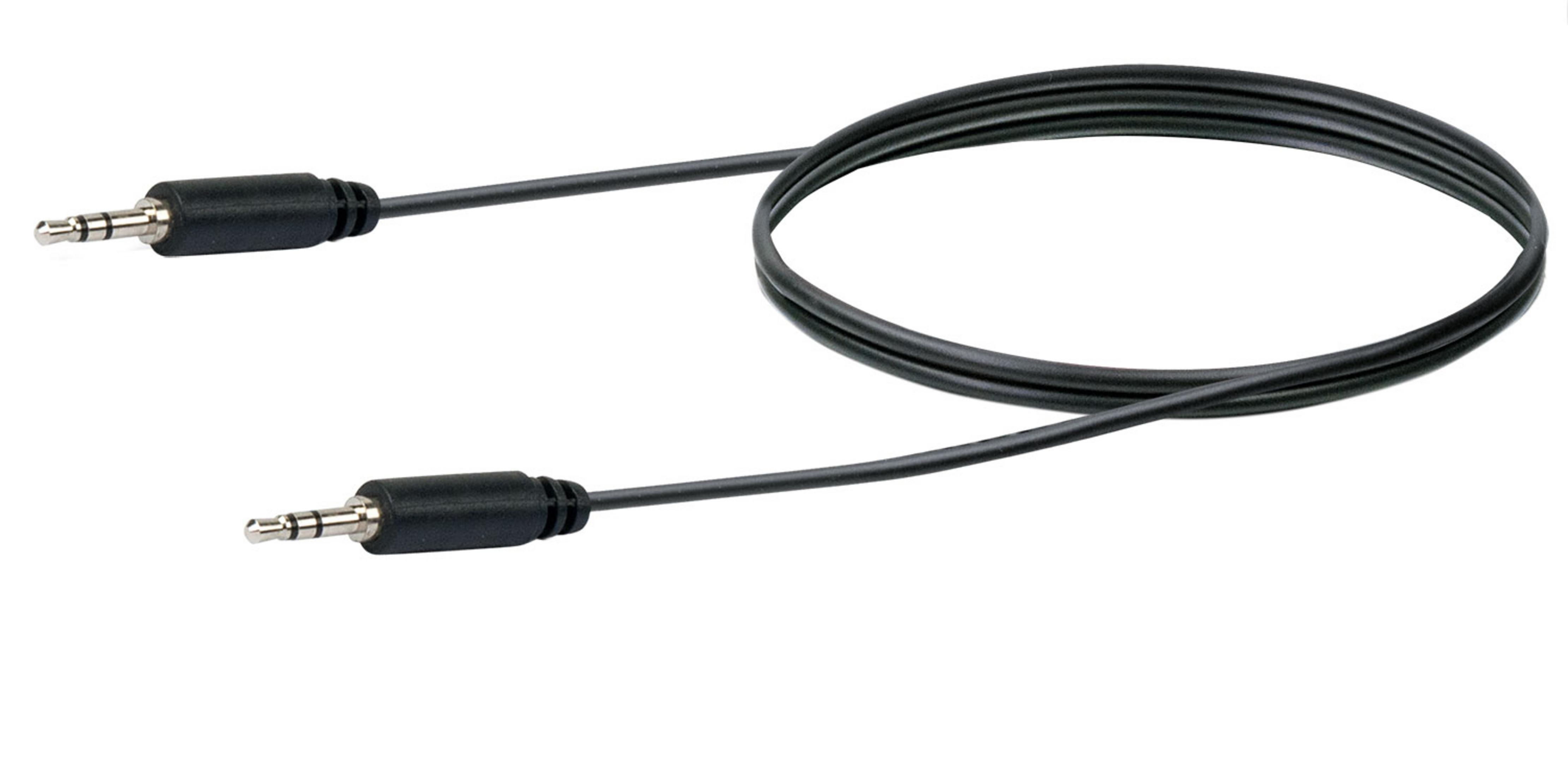 Schwarzes Audiokabel mit zwei 3,5-mm-Klinken. Weißer Hintergrund.
