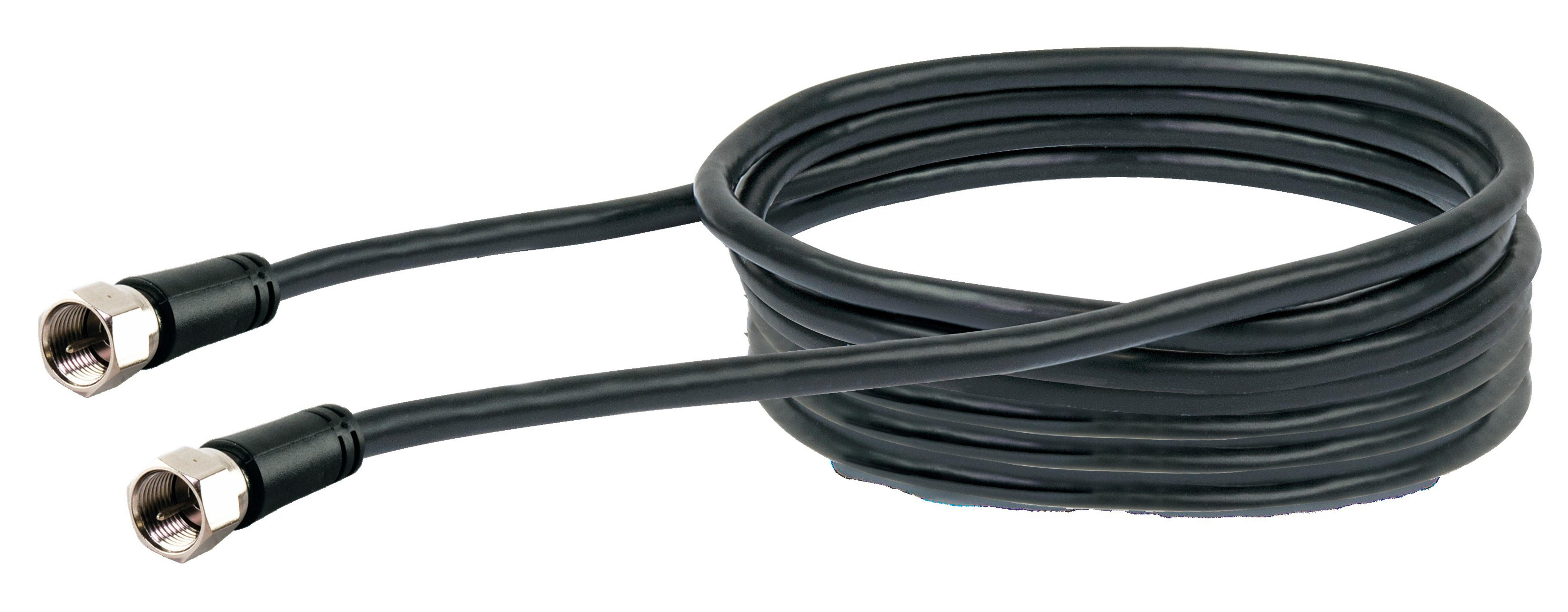 Ein schwarzes Koaxialkabel, aufgerollt. Es hat an beiden Enden Anschlüsse und liegt vor weißem Hintergrund.