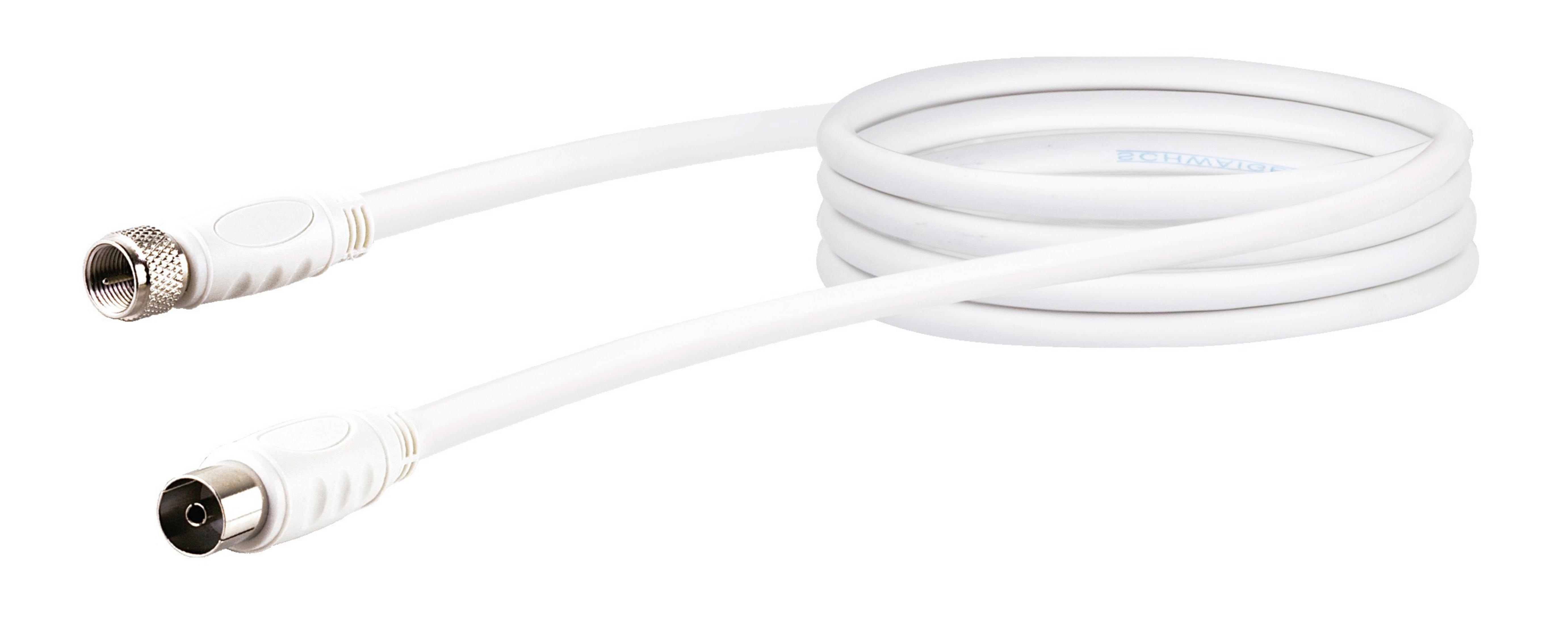 Weißes Koaxialkabel mit silbernen Steckern. Das Kabel ist aufgerollt und hat an beiden Enden Stecker.
