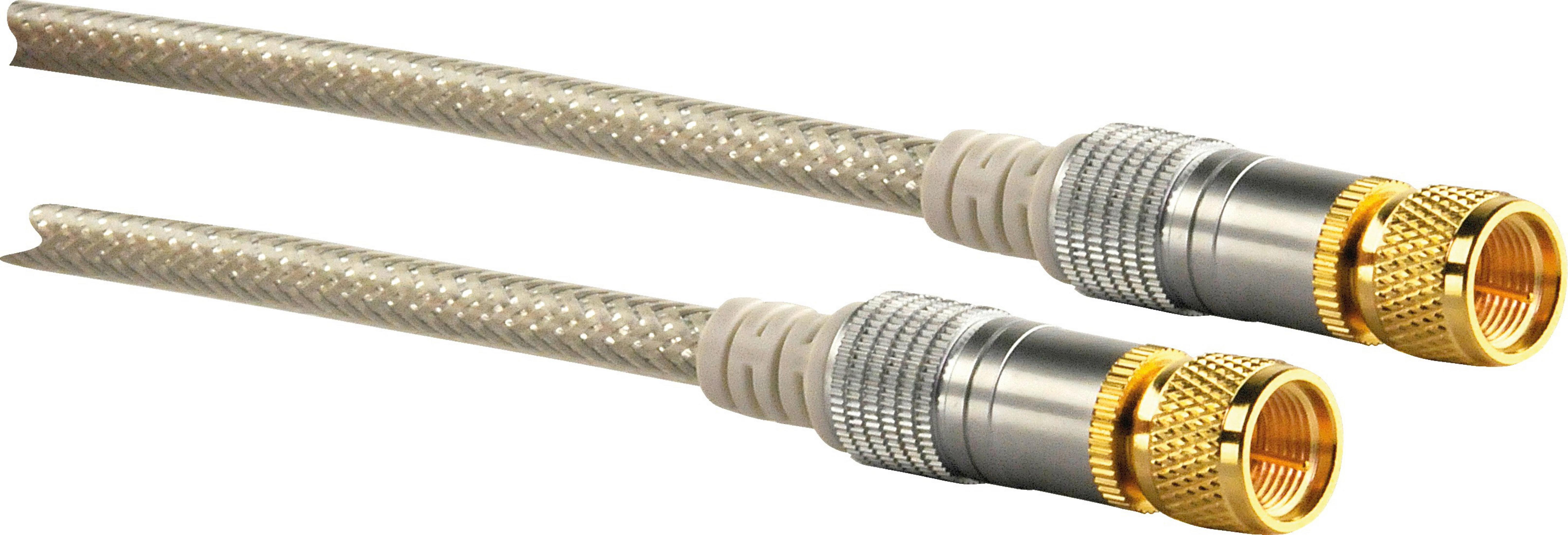 Zwei Koaxialkabel mit goldfarbenen Steckern und einem silbergrauen geflochtenen Kabel.