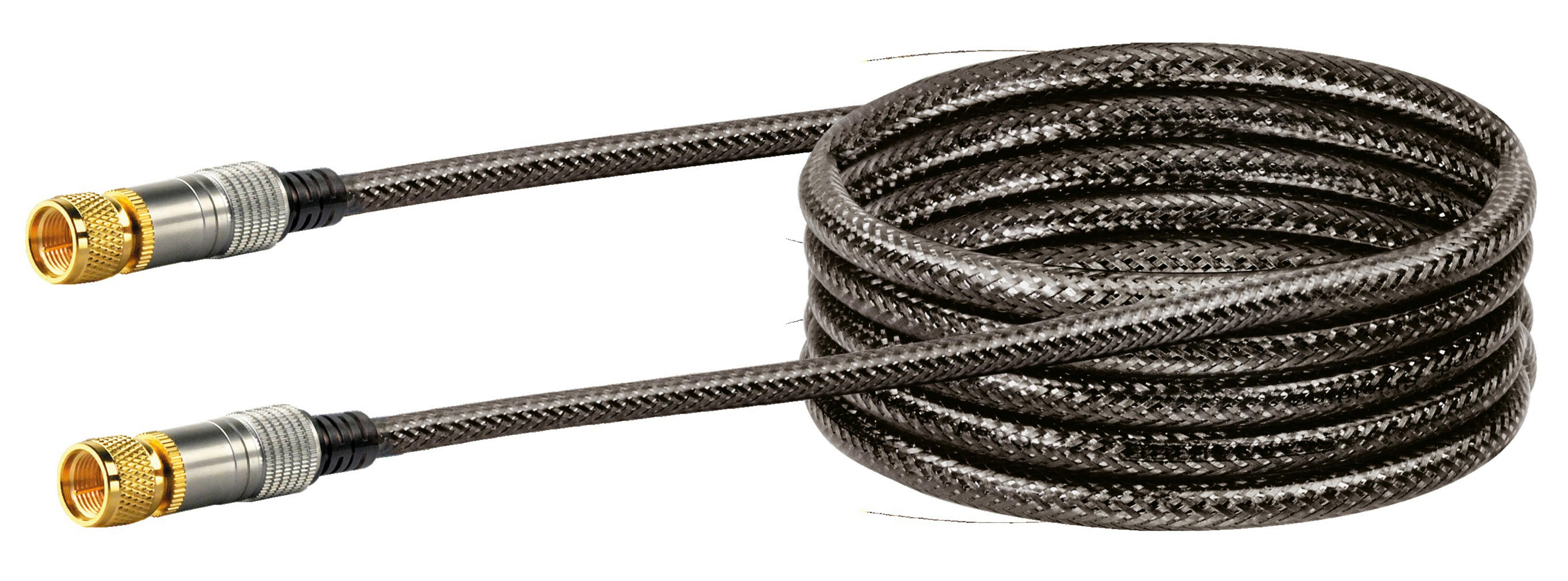 Koaxialkabel aufgerollt. Es hat gold- und silberfarbene Stecker.