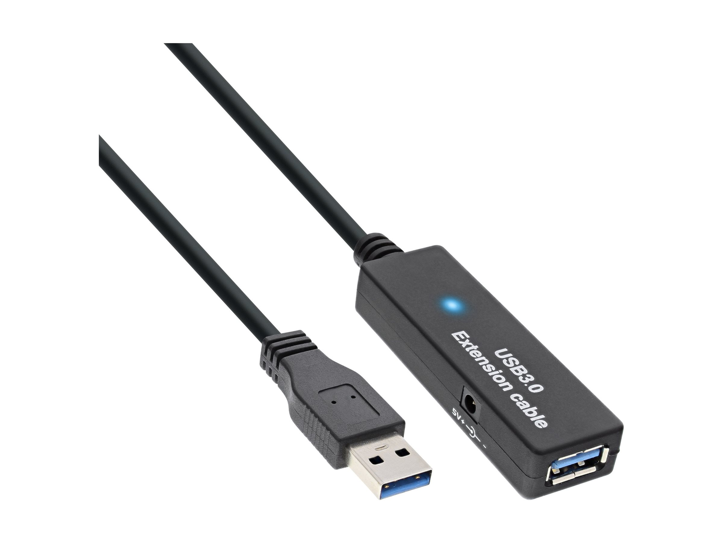 Een zwarte USB 3.0-verlengkabel met een zwarte doos en een blauw lampje.