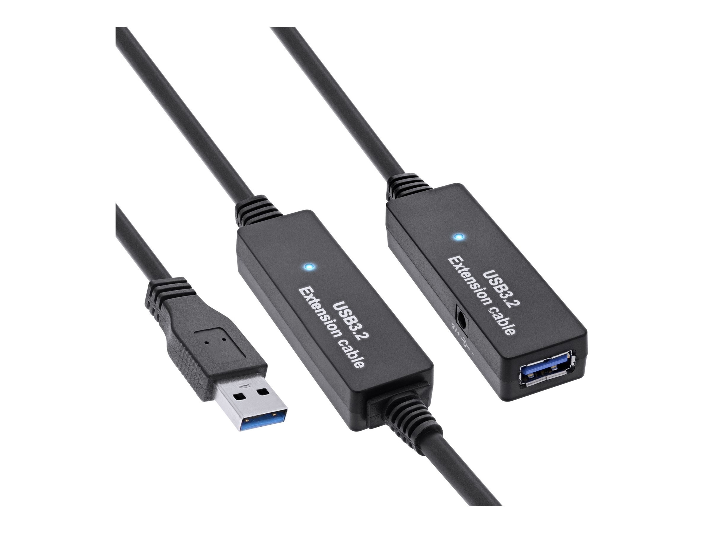 Cavi di prolunga USB 3.2 neri con due scatole nere e un connettore USB.
