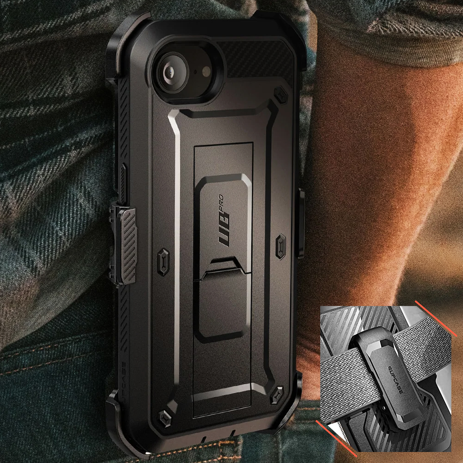 Schwarze Handyhülle mit Gürtelclip, an Jeans befestigt. Nahaufnahme des Clip-Einsatzes.
