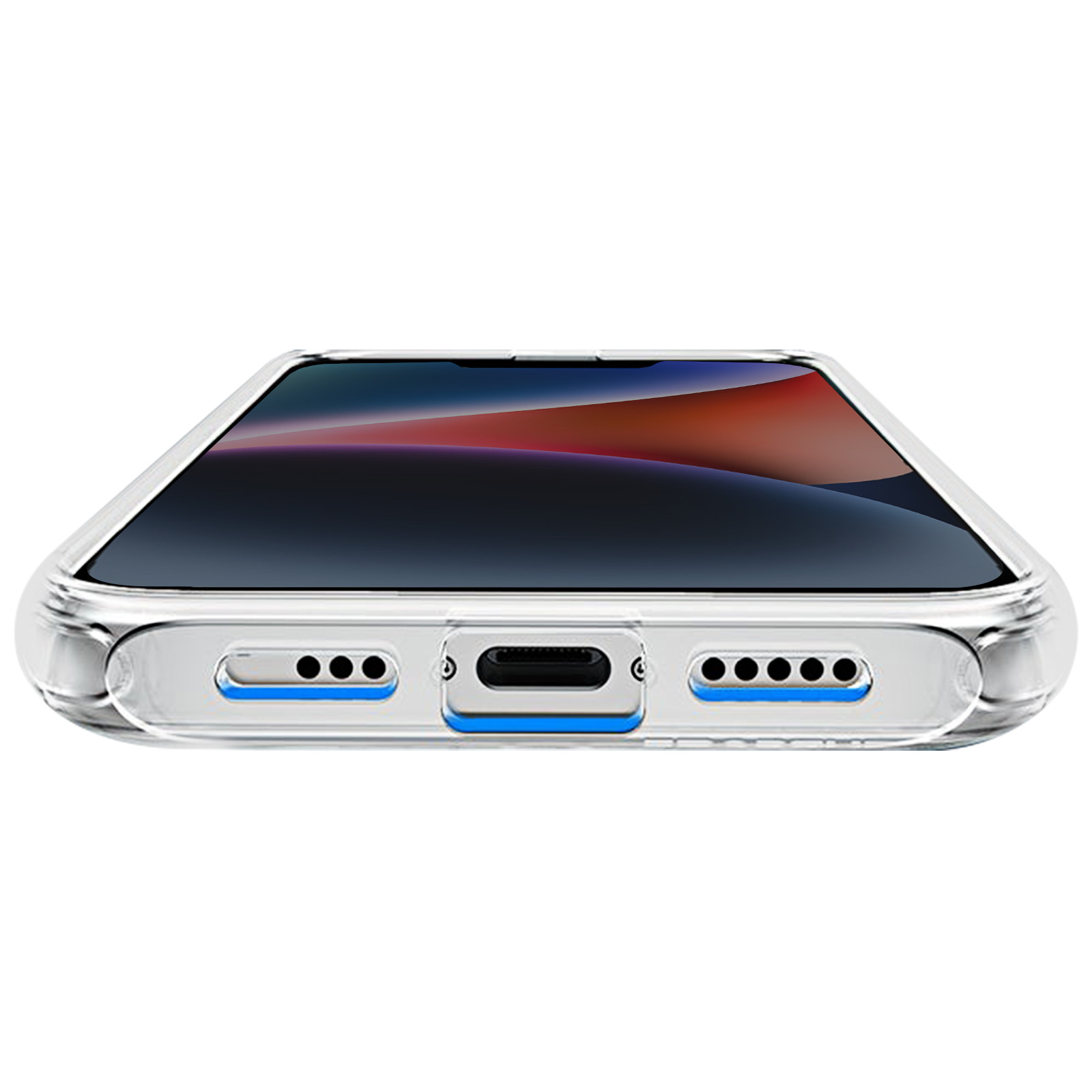Nahaufnahme eines Handys in einer transparenten Hülle. Das Telefon hat einen sichtbaren Bildschirm und Anschlüsse unten.