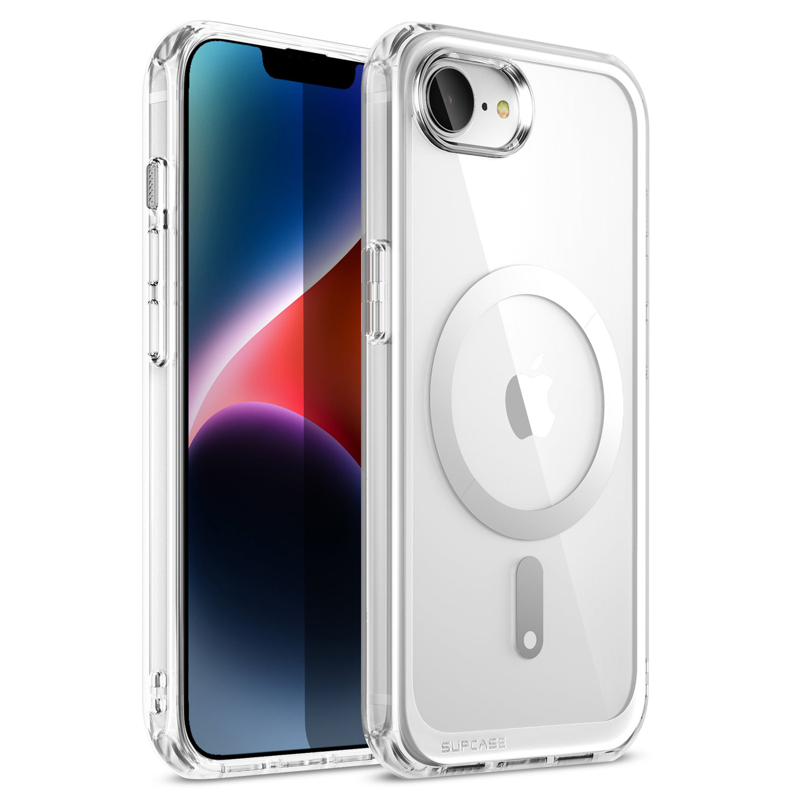 Transparente iPhone-Hülle mit Telefon im Inneren und weißem, kreisförmigen MagSafe-Ladegerät.