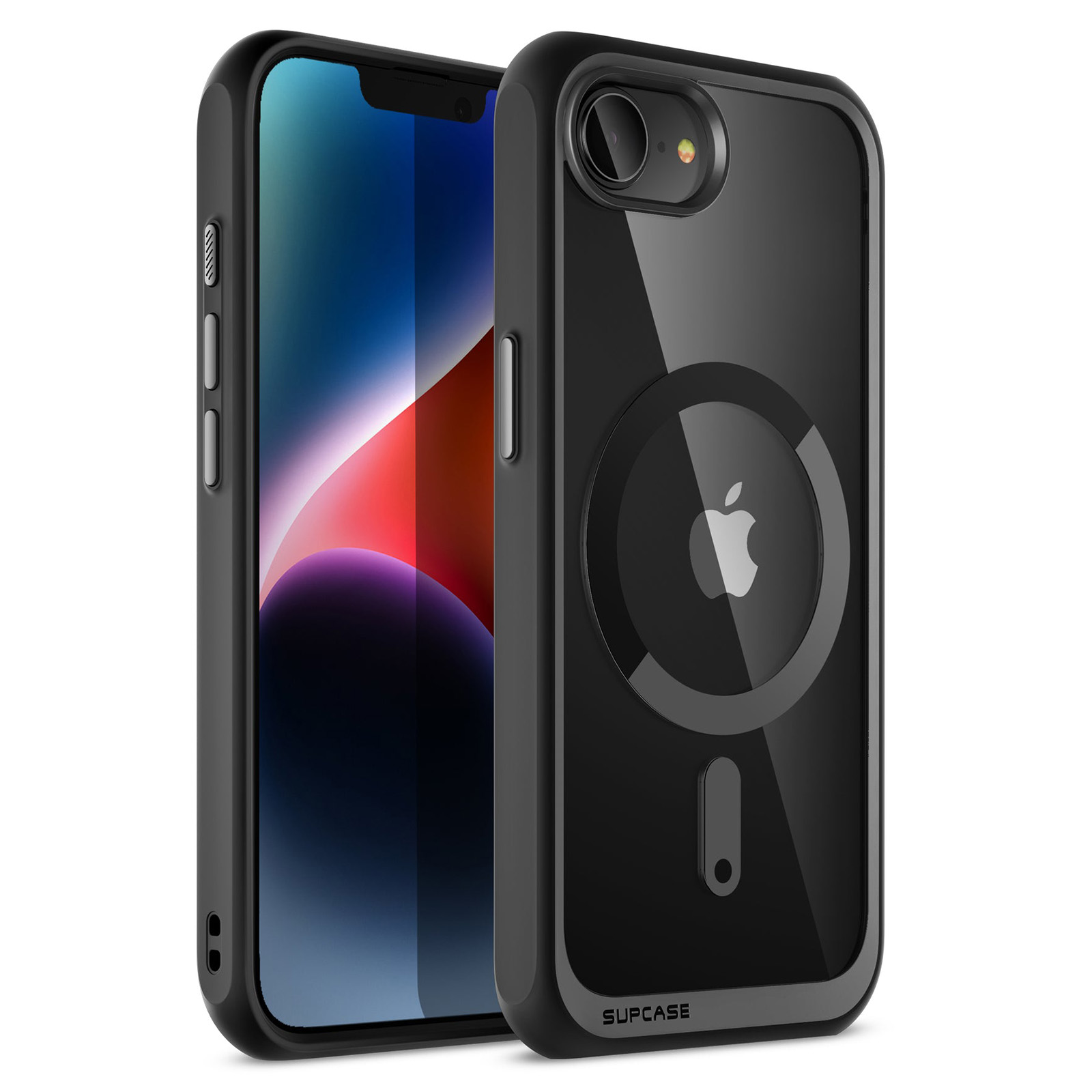 Eine schwarze Handyhülle mit durchsichtigem Rückteil. Ein weißes Apple-Logo ist auf der Rückseite.