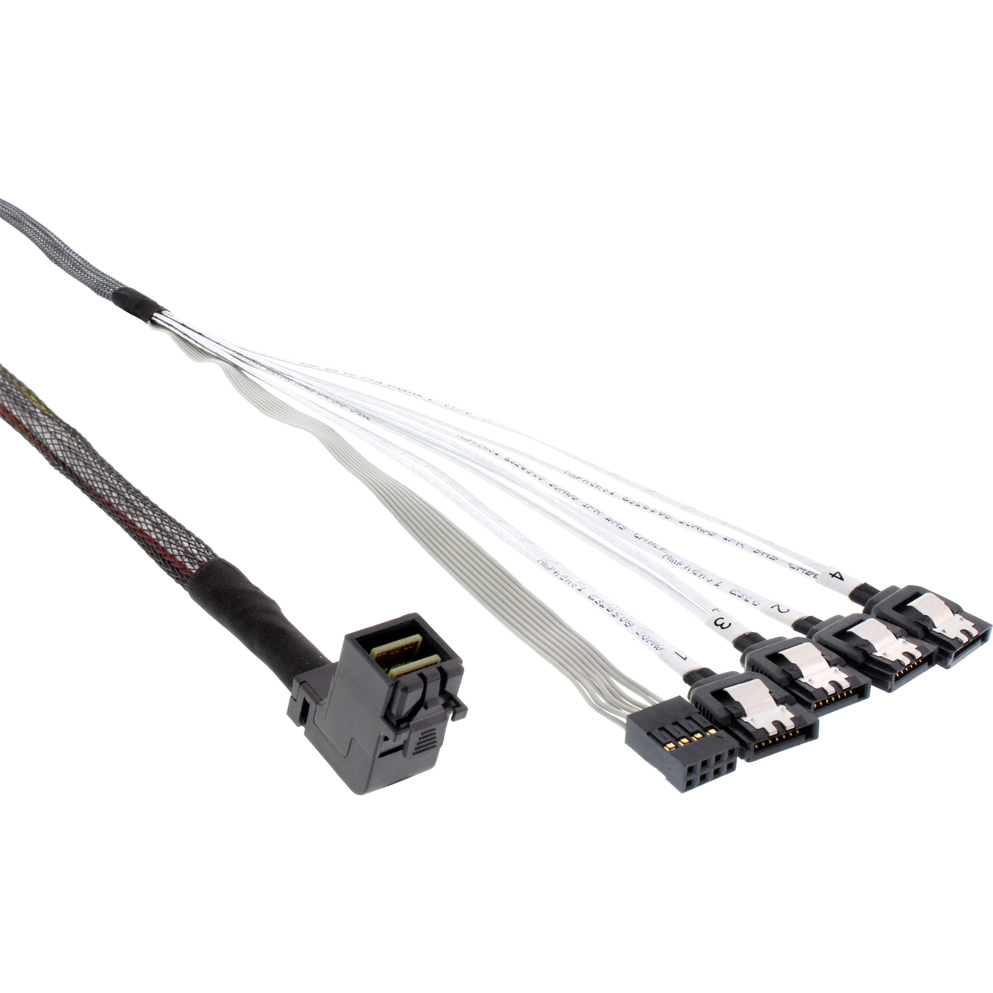 SATA-Kabel mit mehreren Anschlüssen. Schwarz und weiß. Die Kabel liegen auf Weiß.