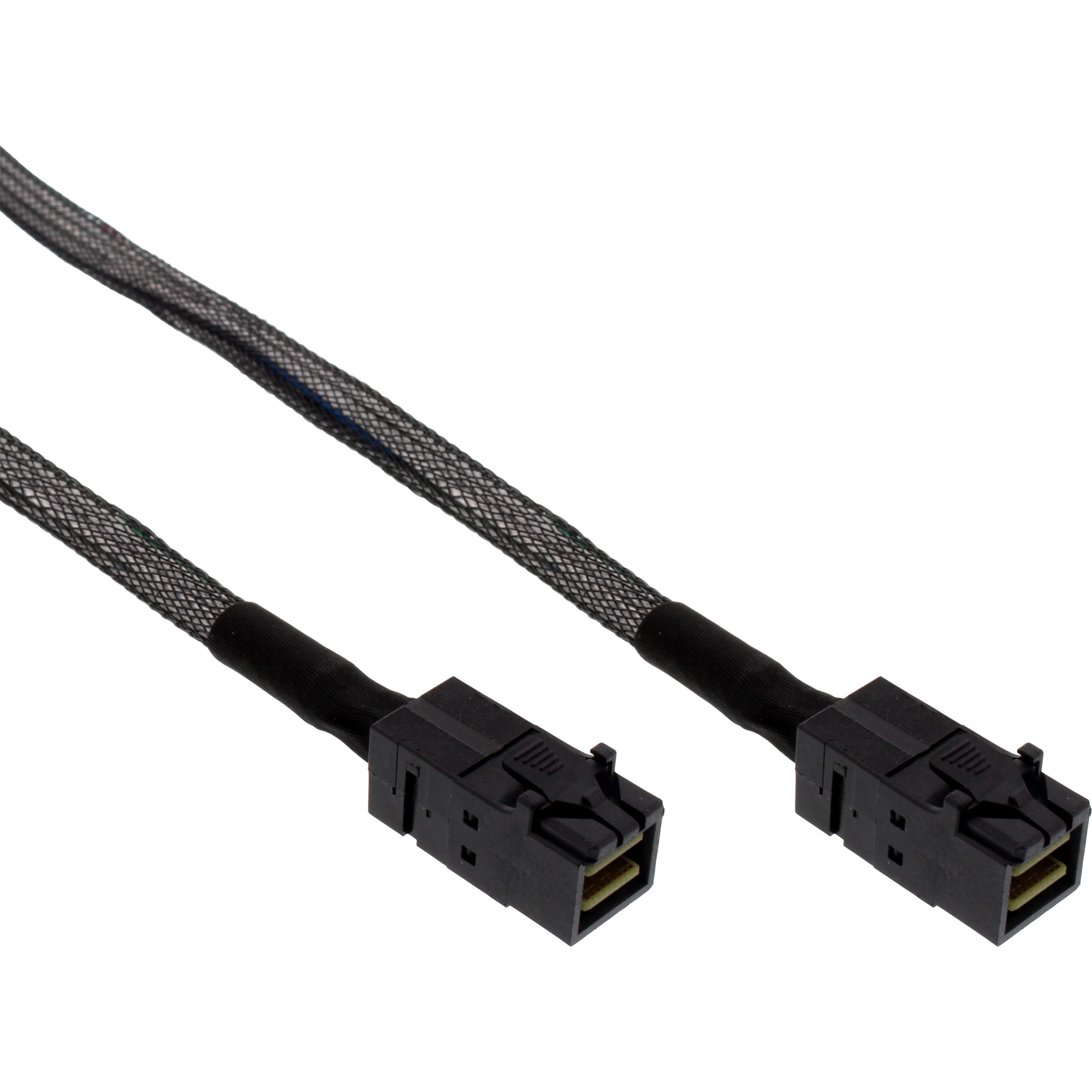 Schwarze SATA-Kabel mit Anschlüssen an beiden Enden. Kabel auf weißem Hintergrund.