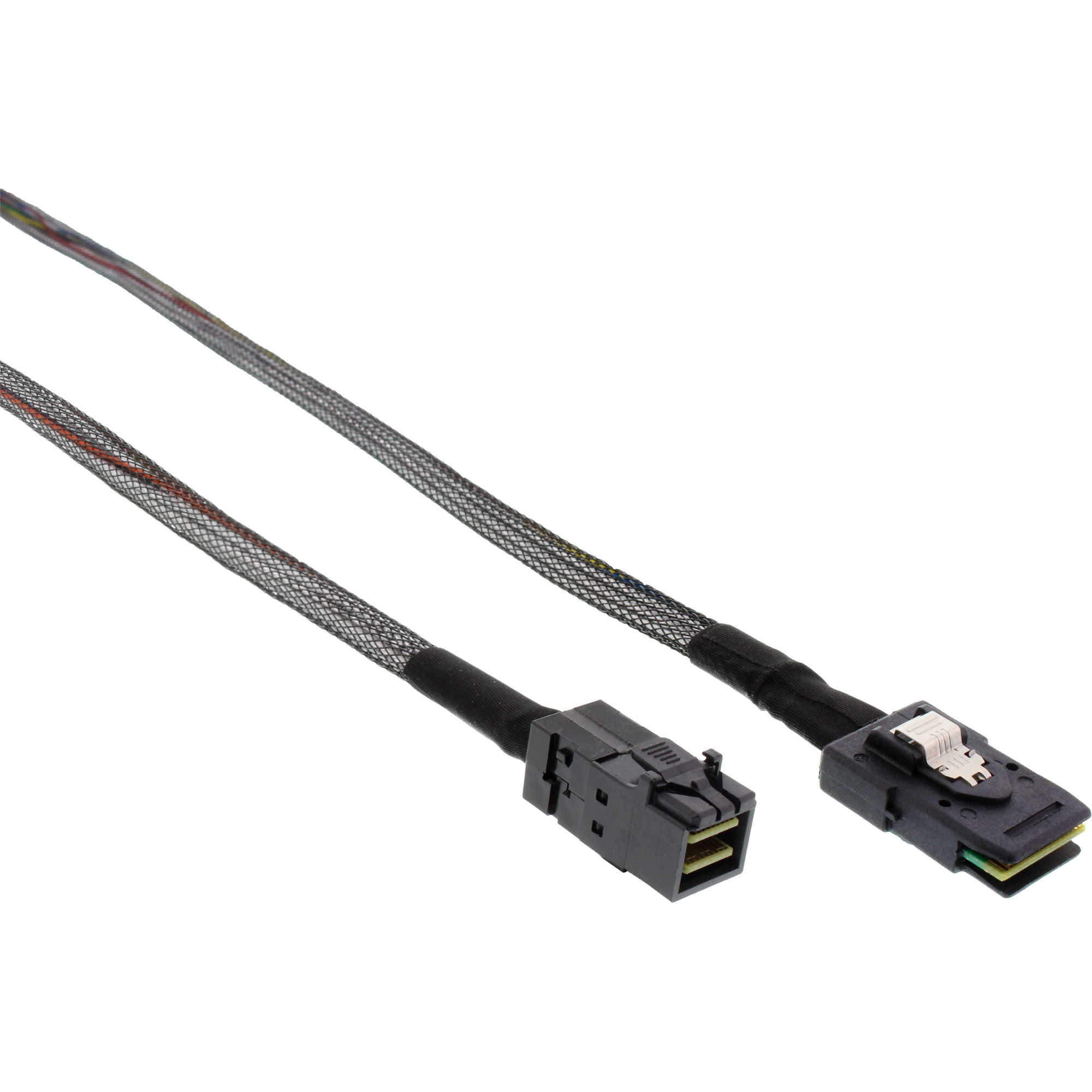 Zwei schwarze Kabel mit grauem Netz und schwarzen Steckern.