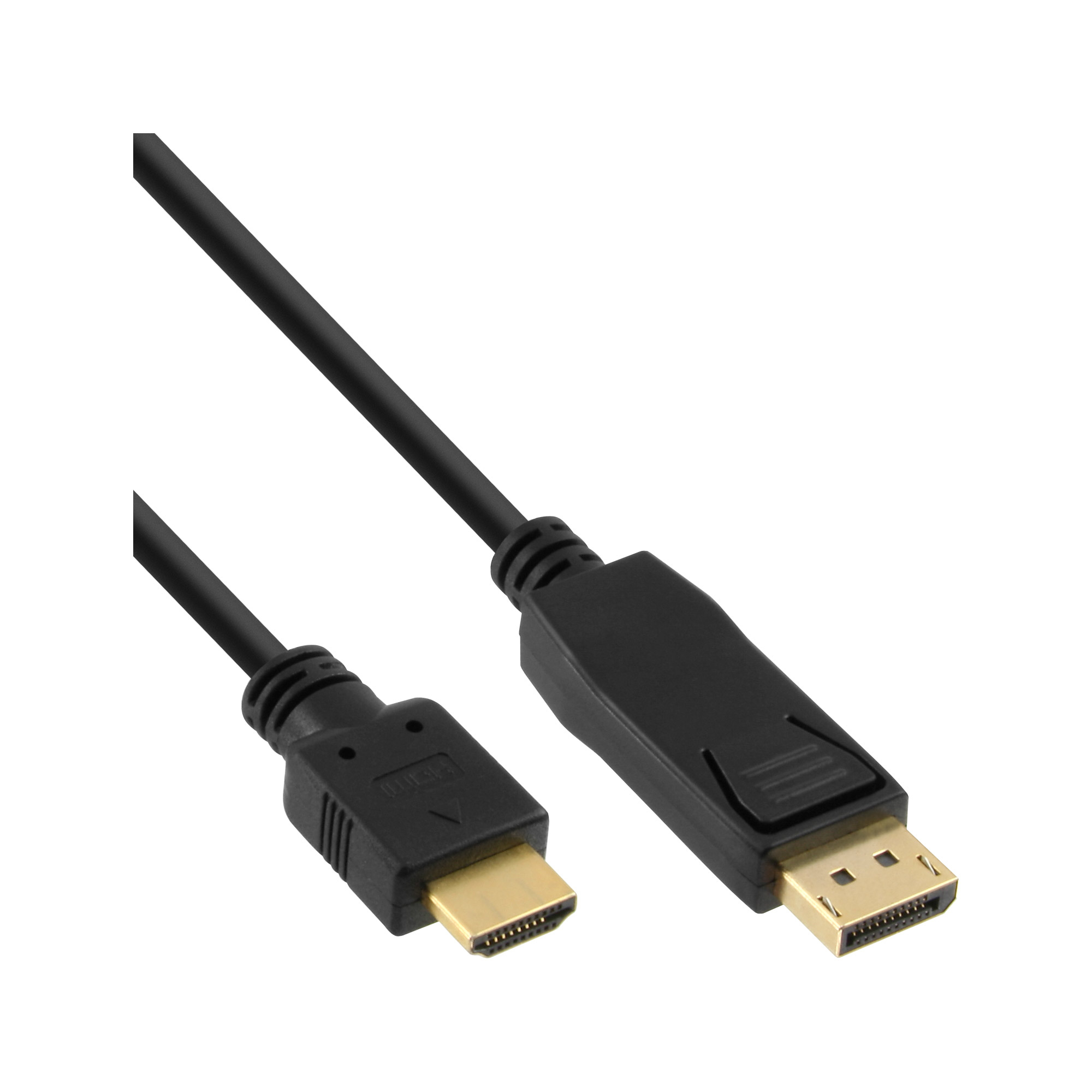 Schwarzes HDMI-zu-DisplayPort-Kabel mit Anschlüssen auf weißem Hintergrund.