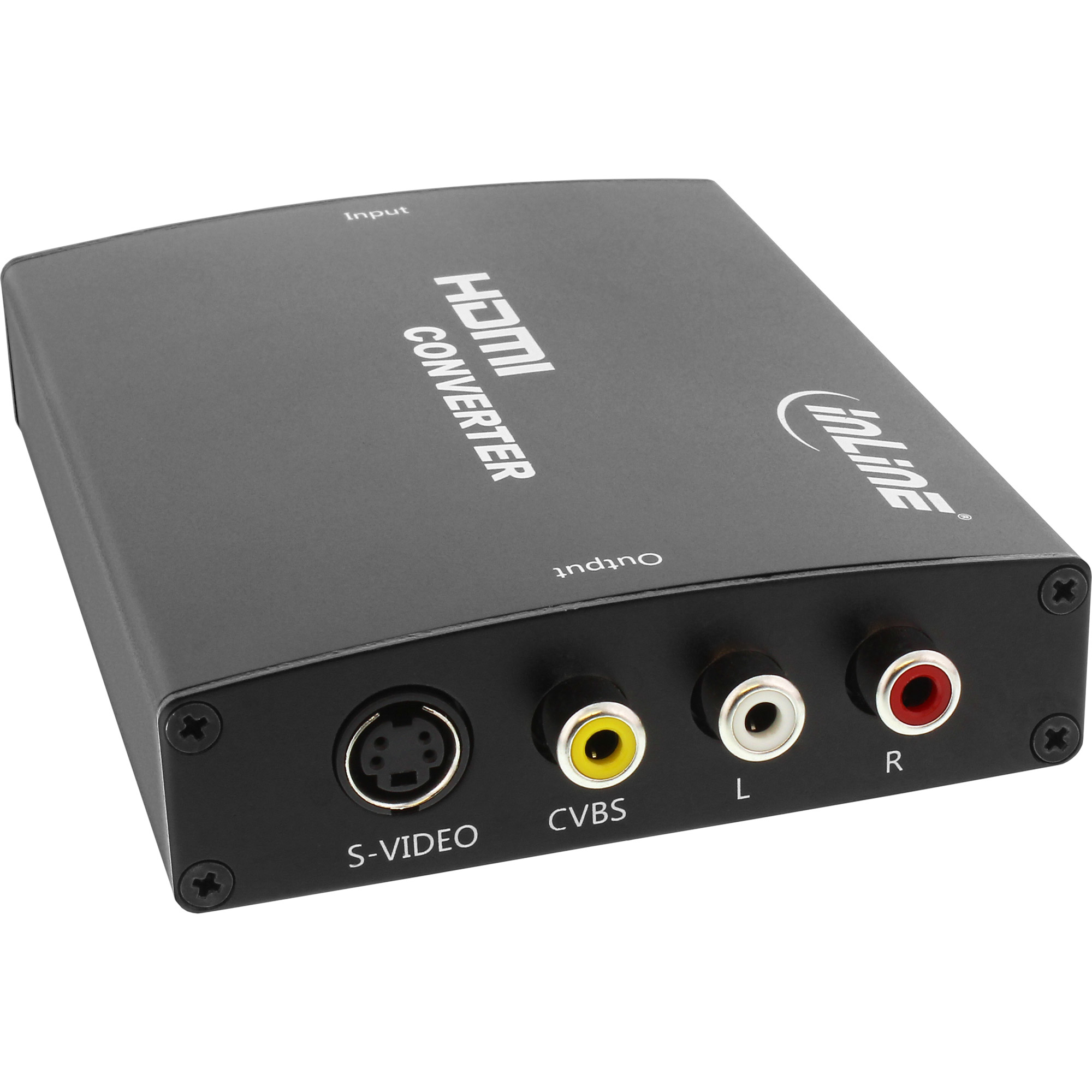 Schwarze HDMI-Konverterbox. Hat Eingangs- und Ausgangsanschlüsse für verschiedene Verbindungen.