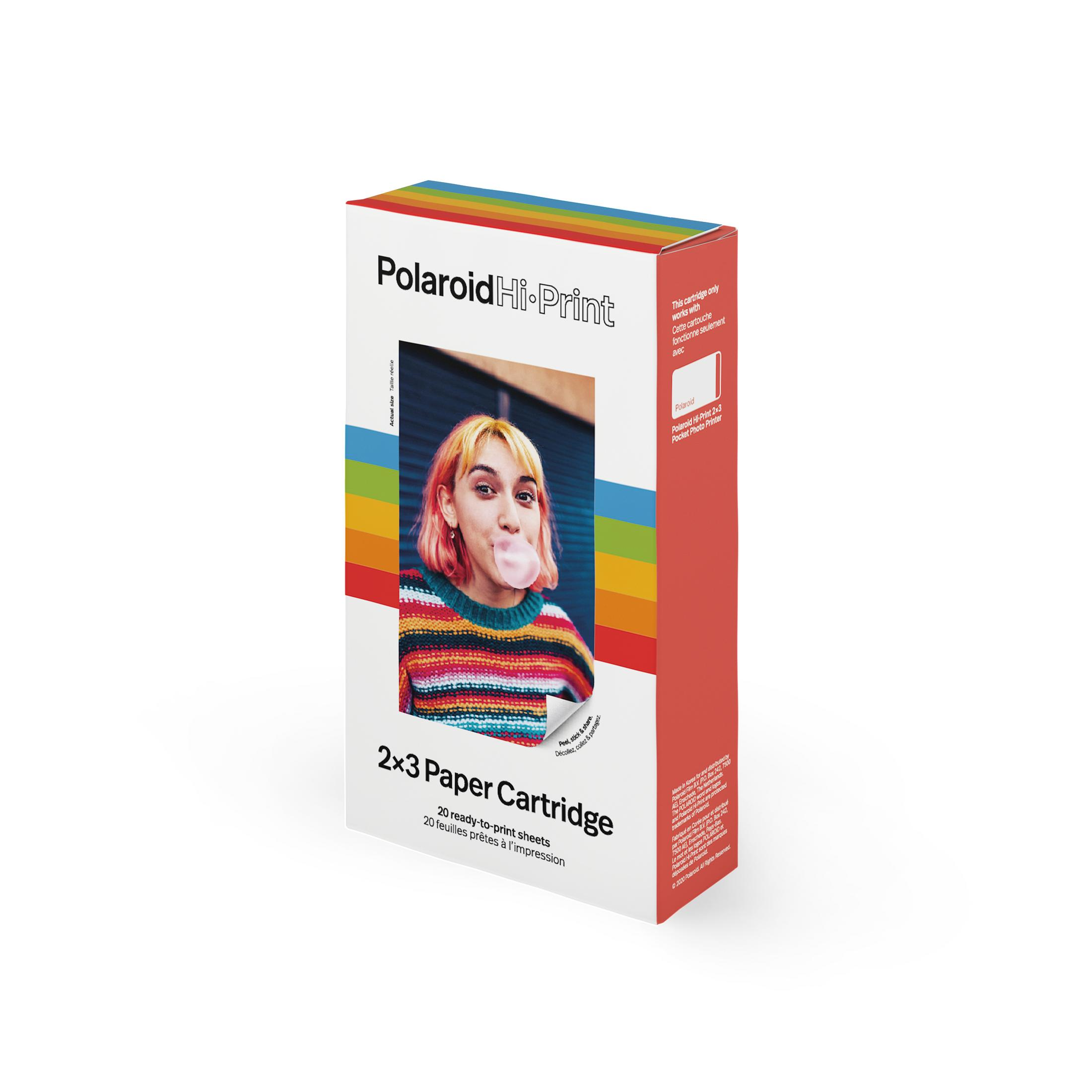 Polaroid Hi-Print Patronenbox mit einem Foto einer Frau mit pinkfarbenem Haar.