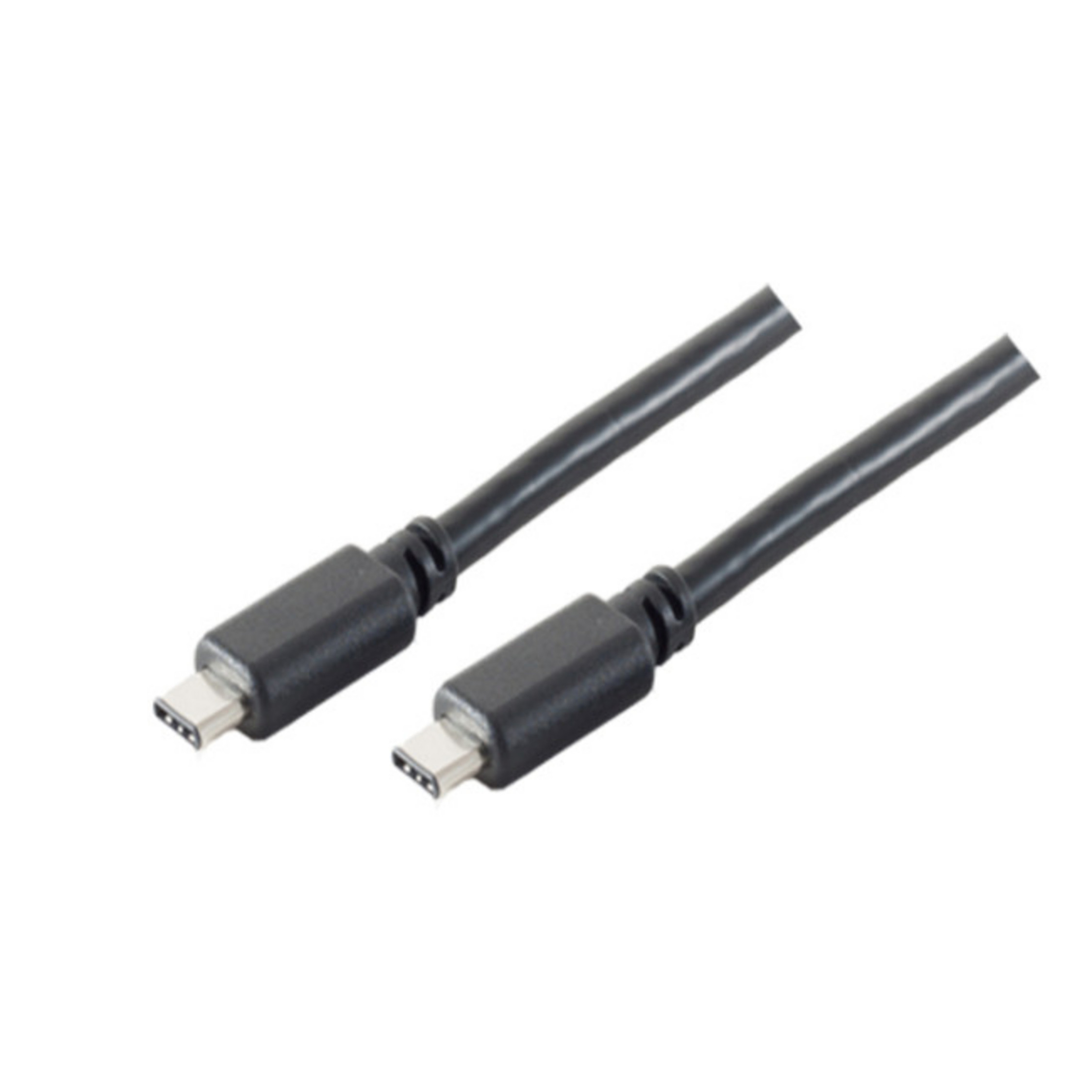 Cavo USB-C nero con due connettori USB-C su sfondo bianco.
