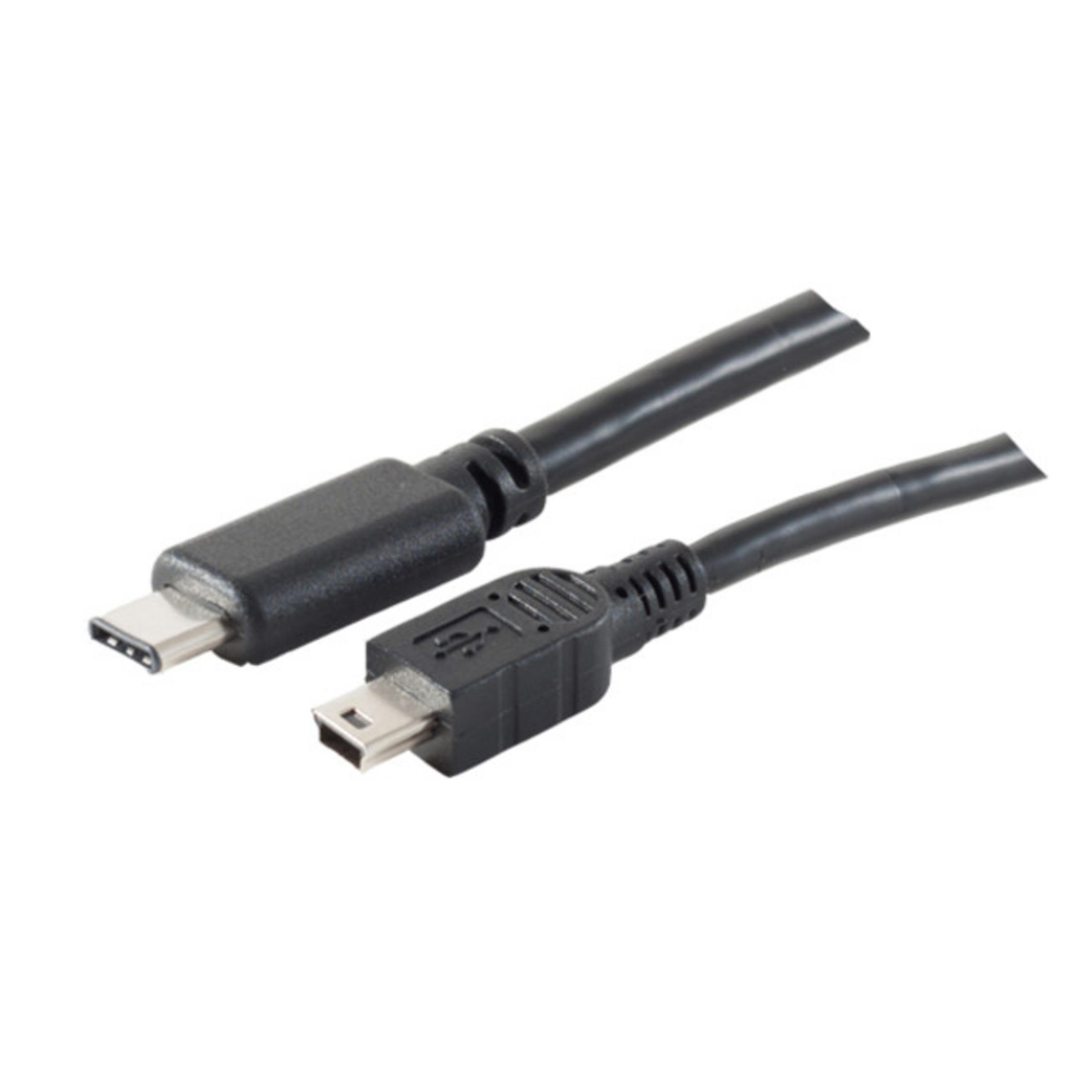Un cable negro USB-C a mini-USB, con los conectores visibles en cada extremo.