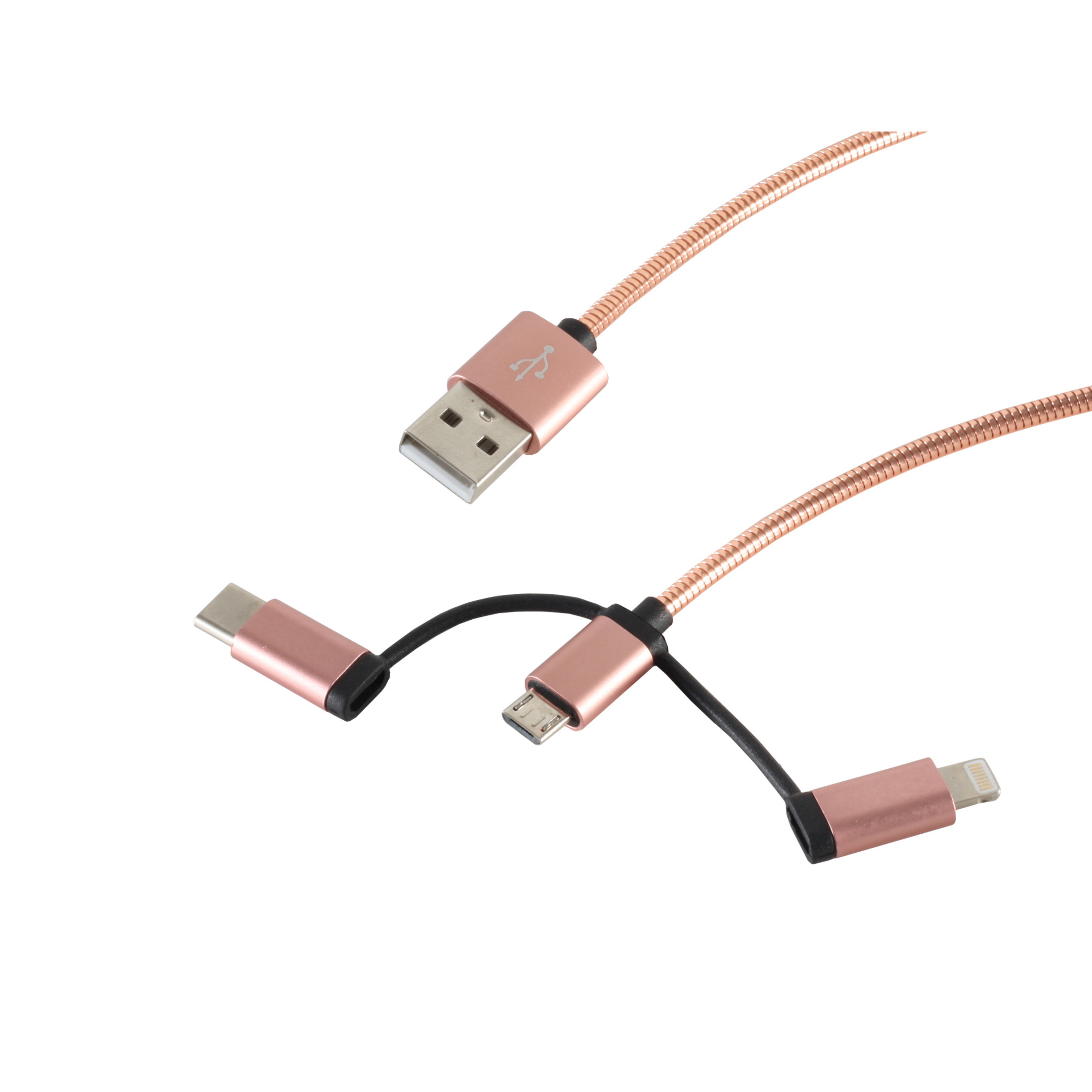 Roségoldene Ladekabel mit mehreren Anschlüssen liegen auf weißem Untergrund.