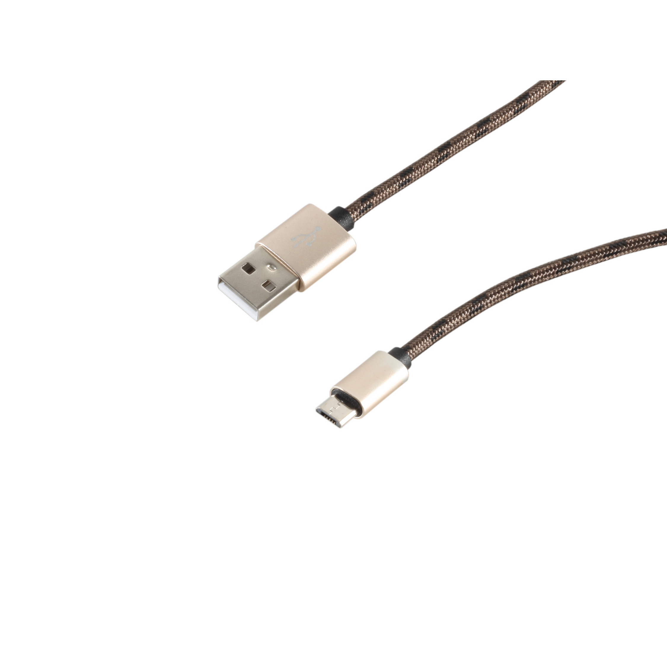 Gold-braunes USB-Kabel mit USB-A- und Micro-USB-Anschlüssen auf weißem Grund.