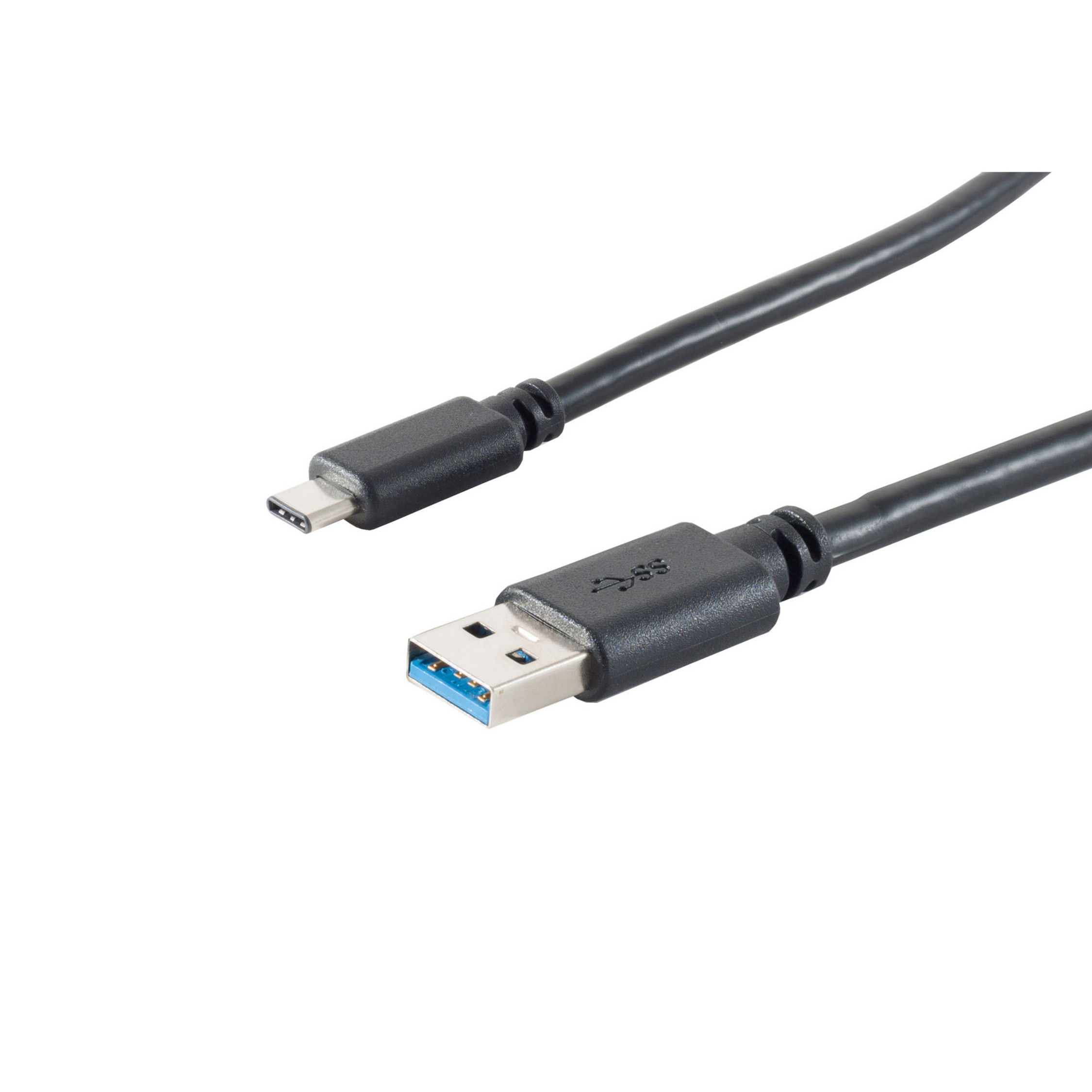 Schwarzes USB-C-zu-USB-A-Kabel. USB-C links, USB-A rechts. Weißer Hintergrund.