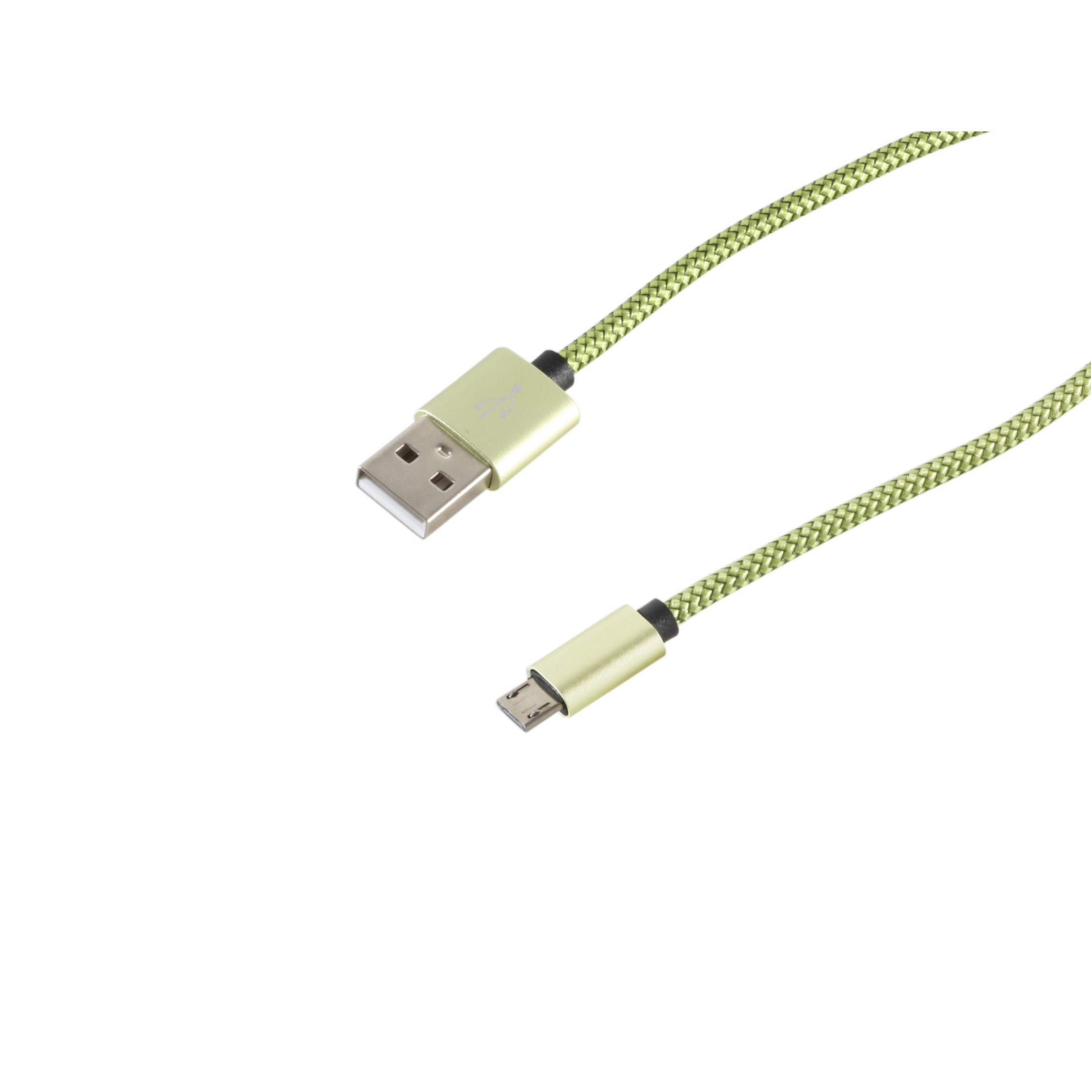 Ein grün-gelbes geflochtenes USB-Kabel. Ein Ende hat einen USB-Anschluss, das andere einen Micro-USB-Anschluss. Weißer Hintergrund.
